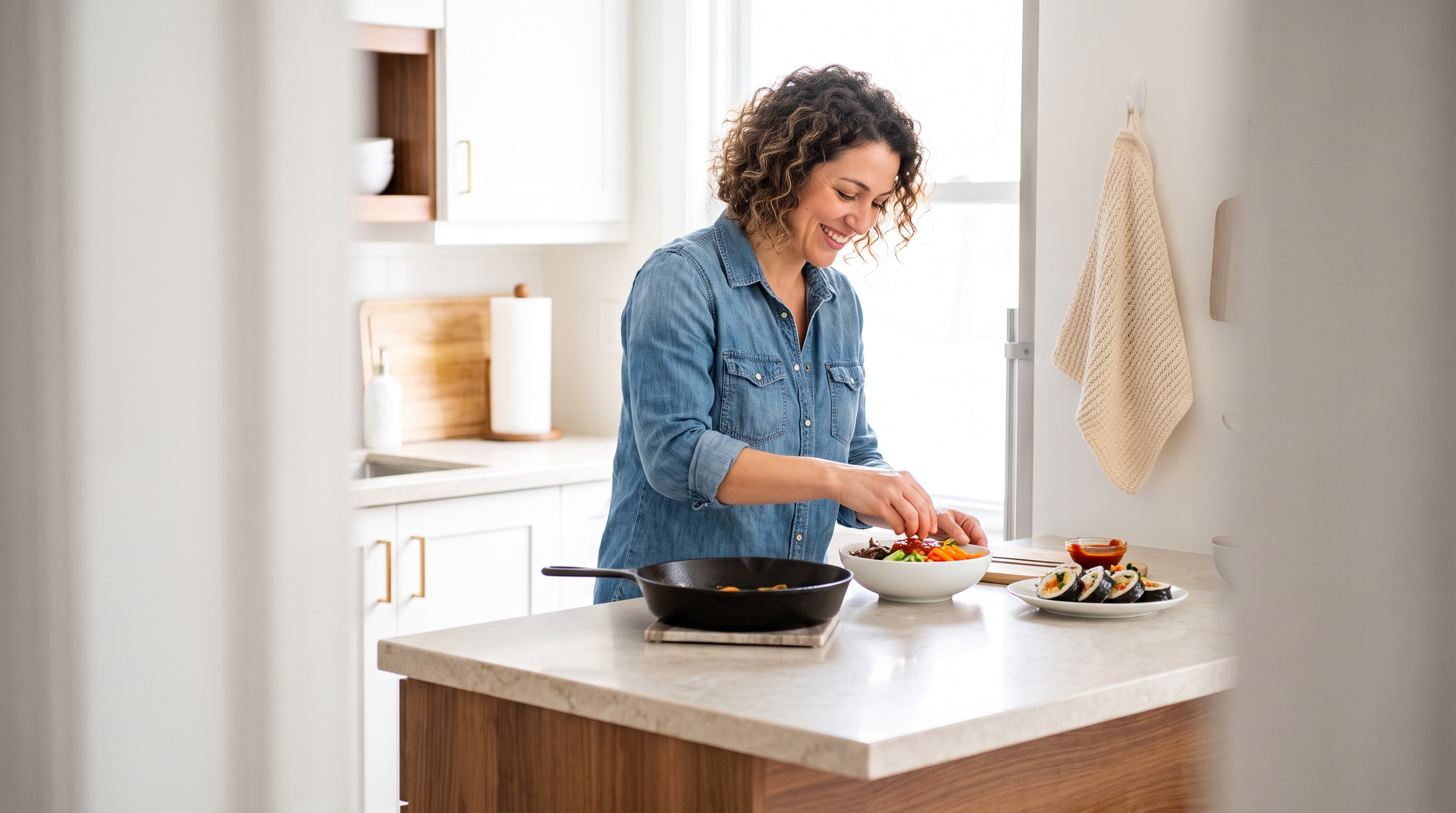 A cheerful woman in her 30s plating a bibimbap bowl in a modern kitchen