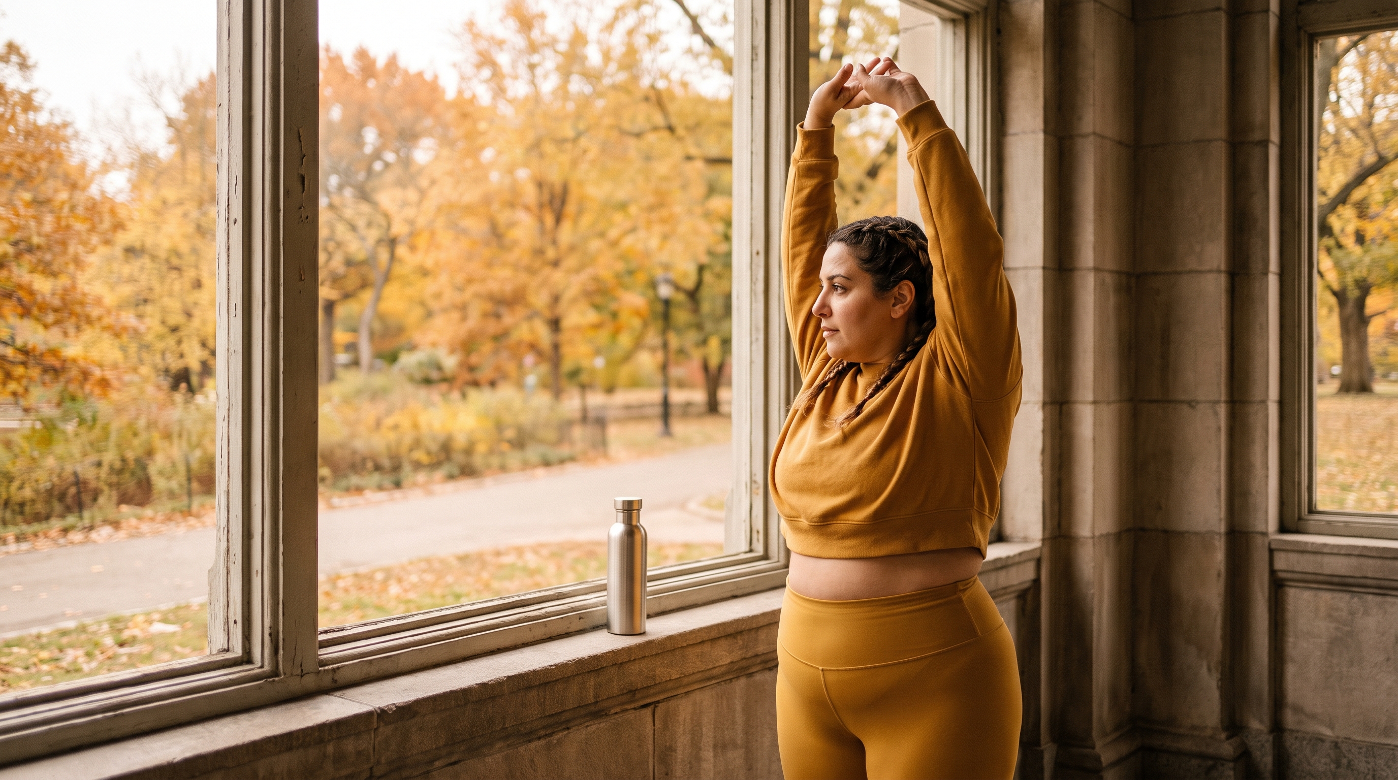 A woman in her 30s stretching in the morning by a window