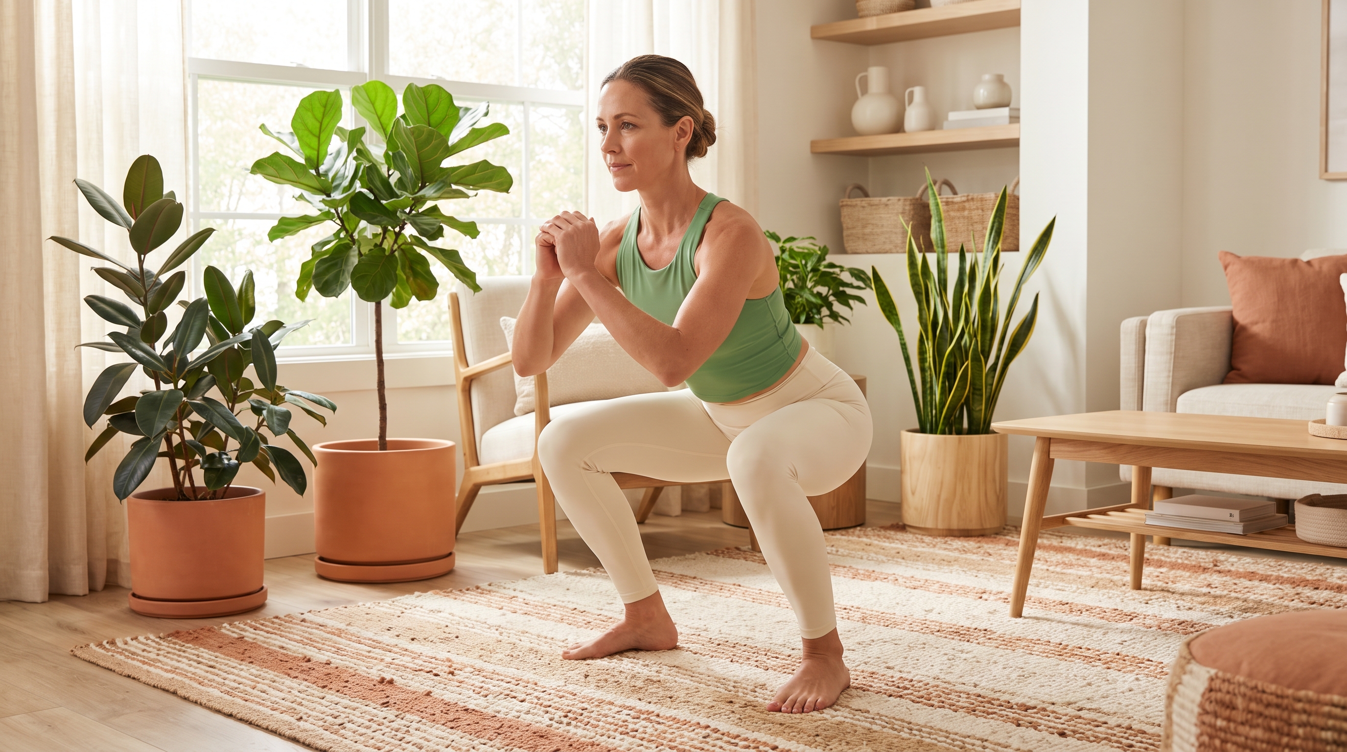 person doing a bodyweight squat on a living room rug