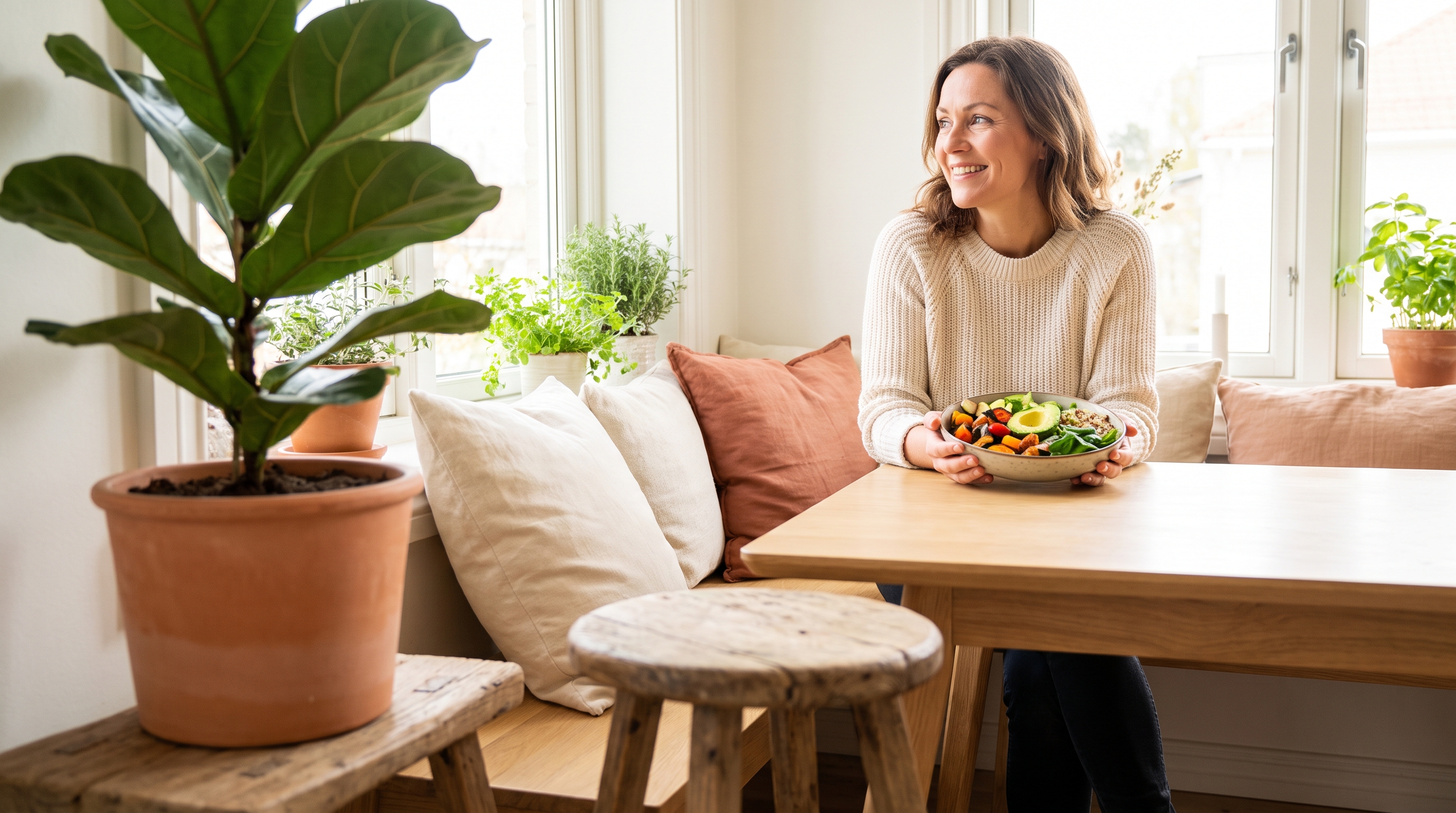 A relaxed woman in her 40s eating a colourful vegetable-rich bowl at a sunny dining nook
