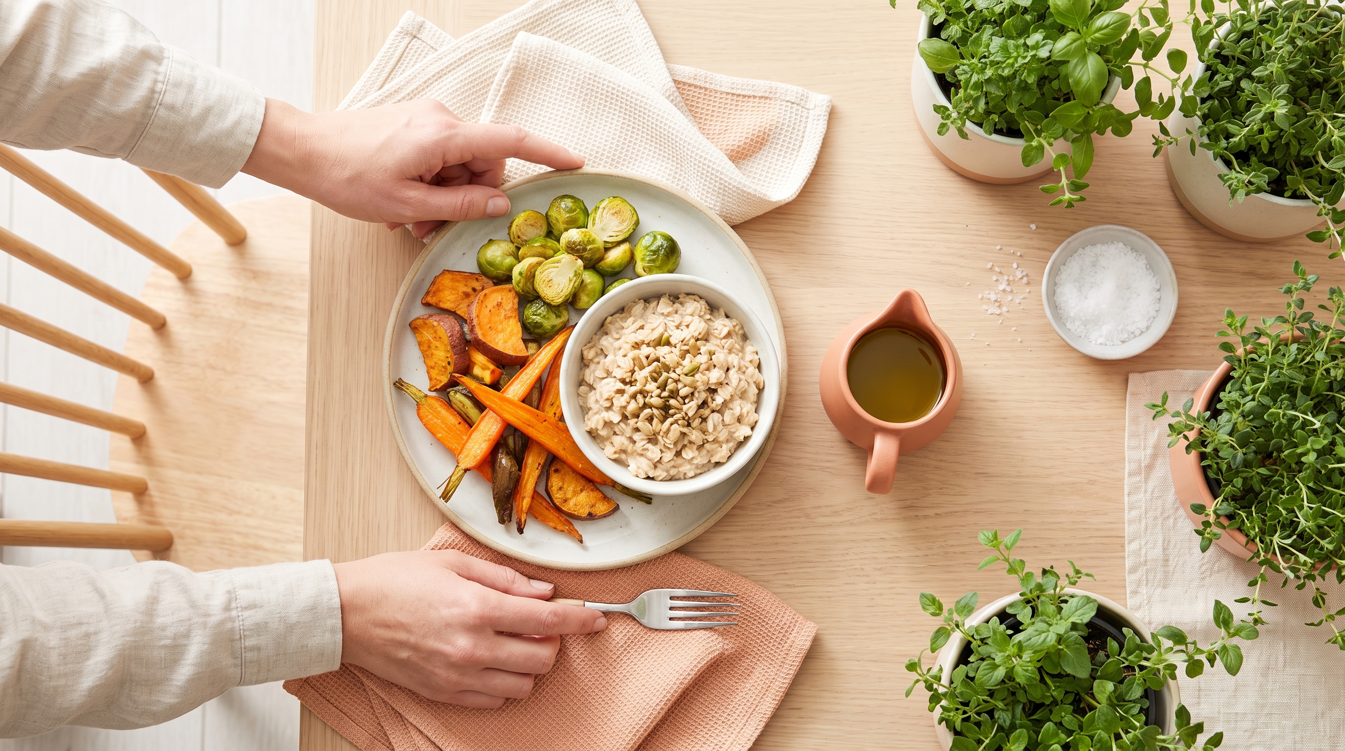 colourful plate of vegetables, oats and olive oil on a kitchen table