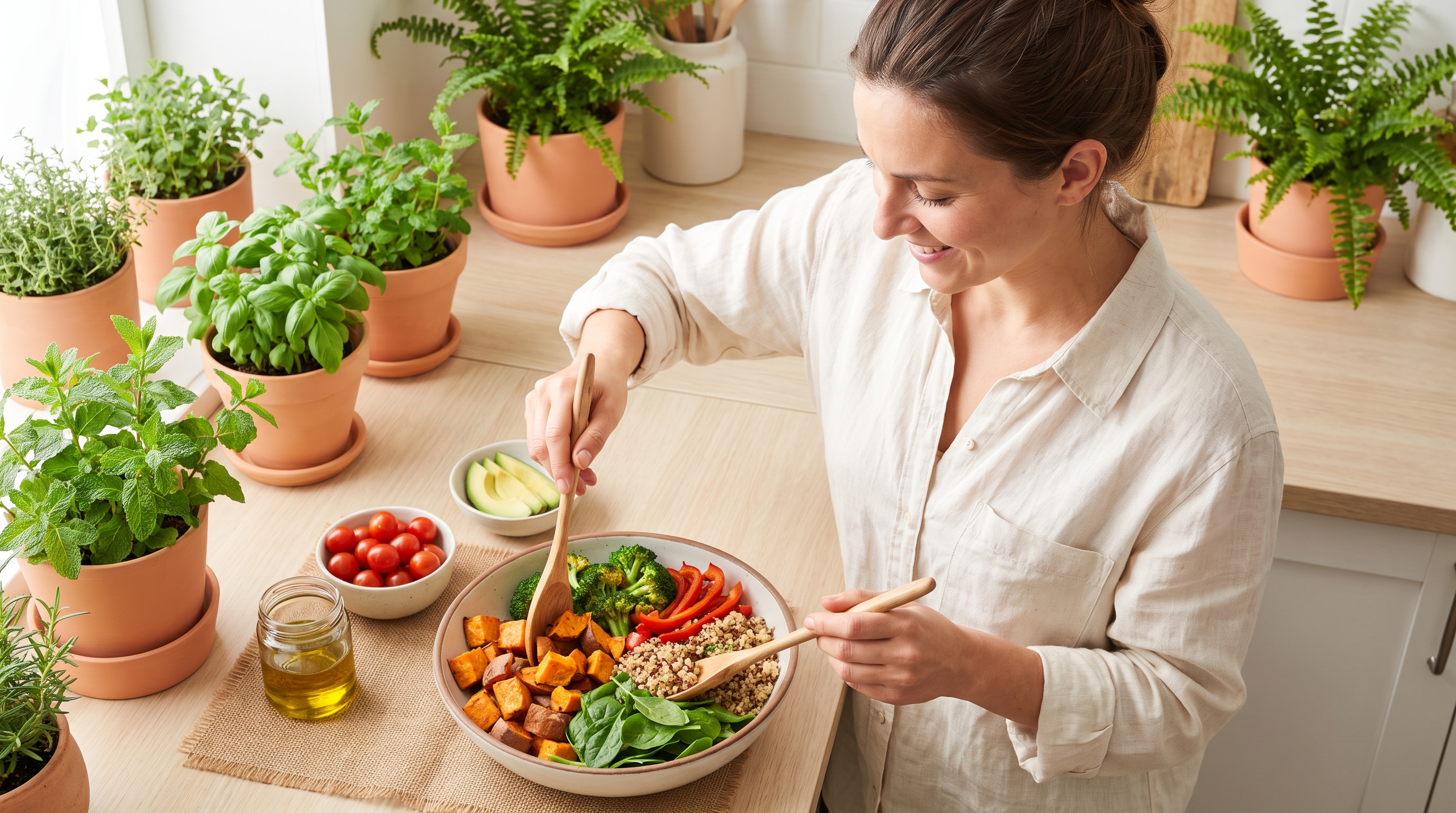 A relaxed woman in her 40s smiling while cooking a colourful vegetable-rich bowl in a plant-filled kitchen