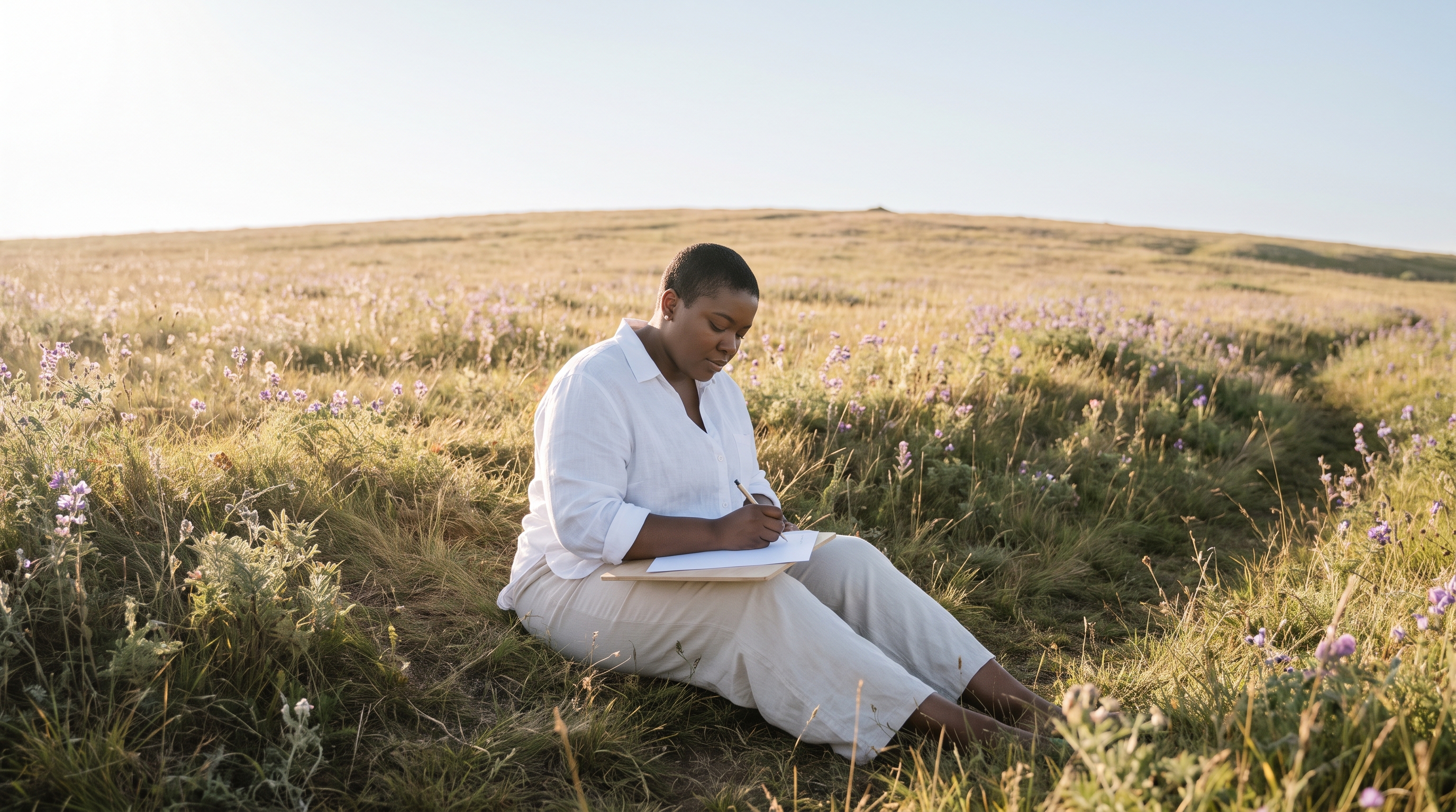person writing in notebook by sunlit window early morning