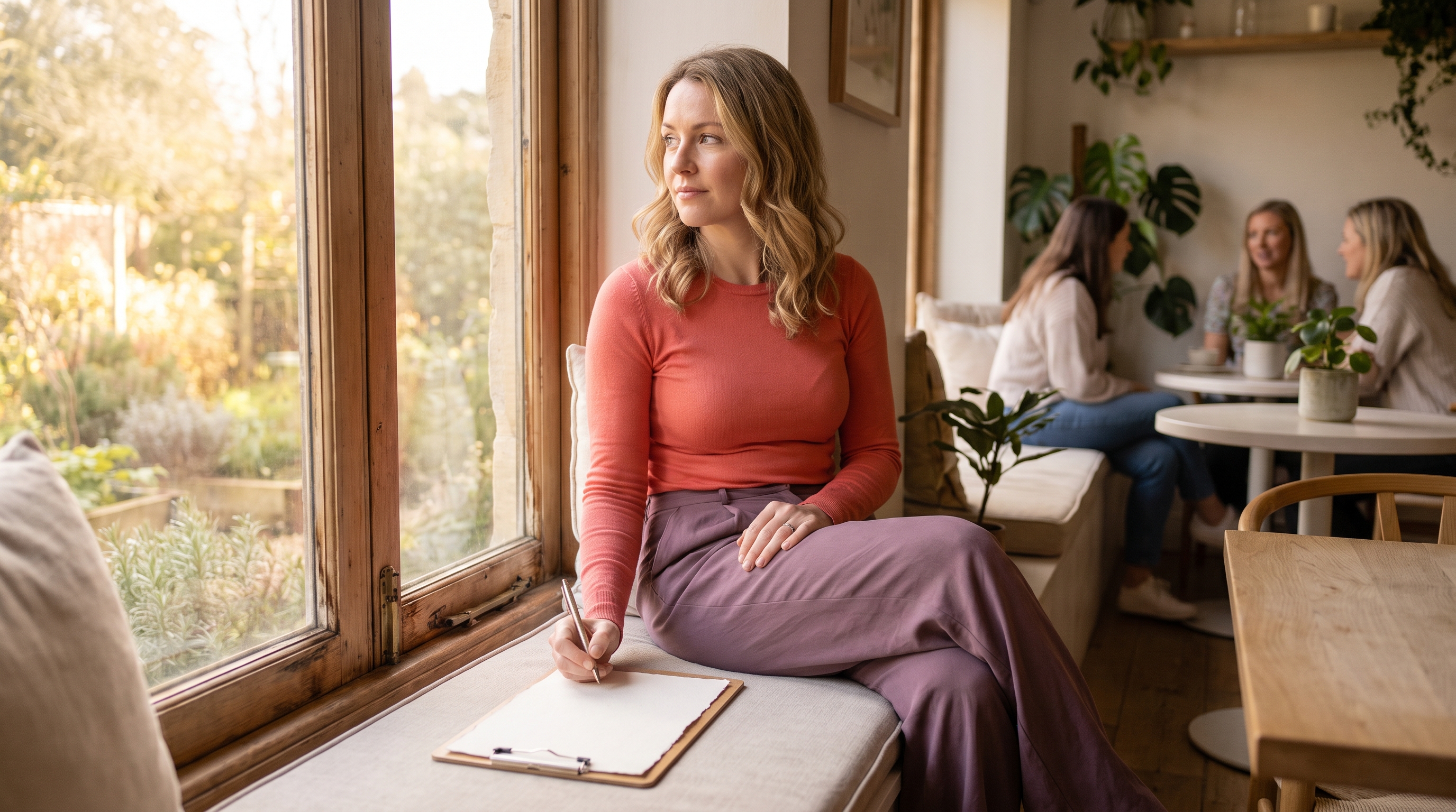 woman writing in notebook at kitchen table with morning light