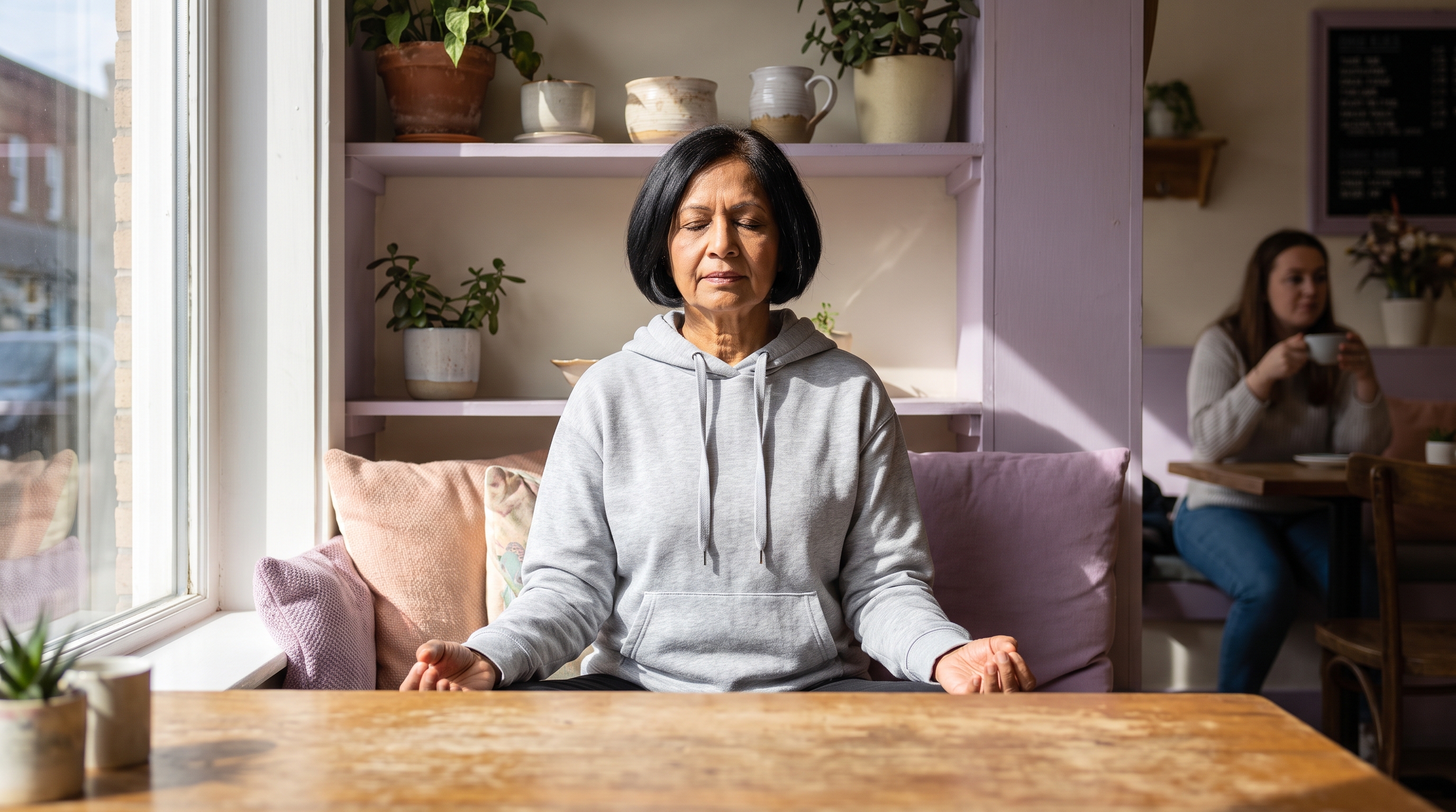 person sitting quietly with eyes closed in soft morning light