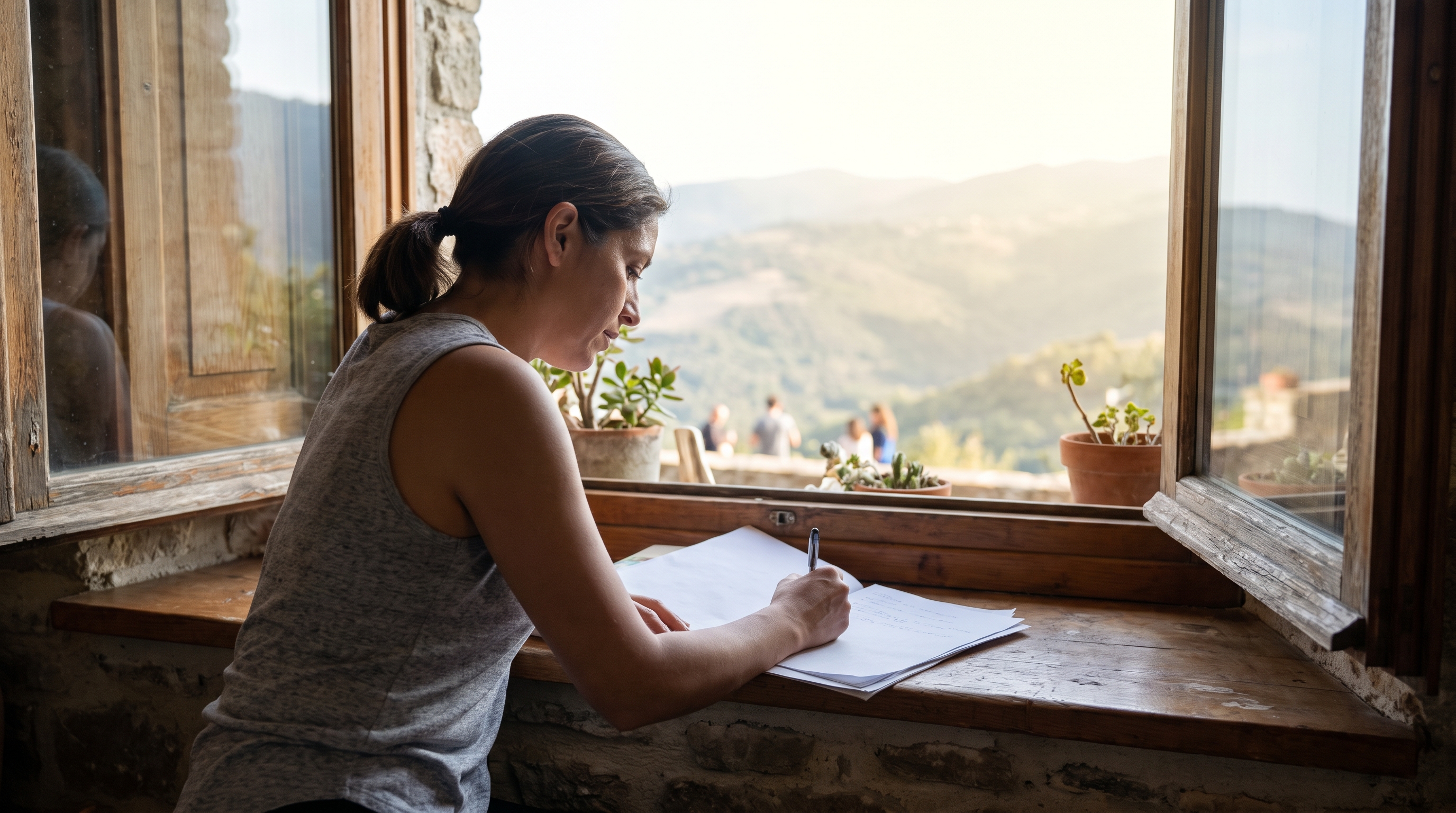 person writing in a notebook by a window at dawn