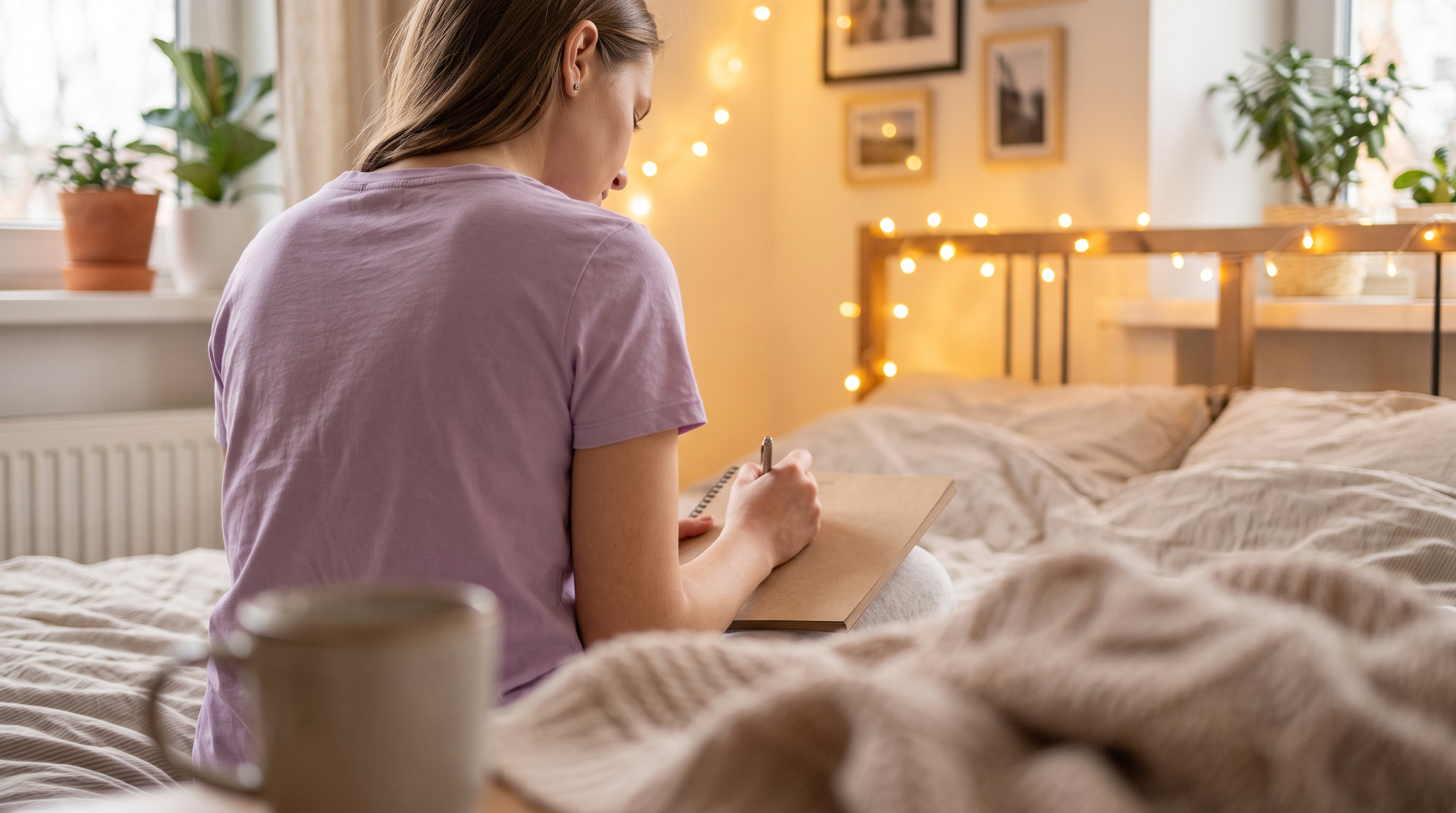 person writing in notebook by window at sunrise