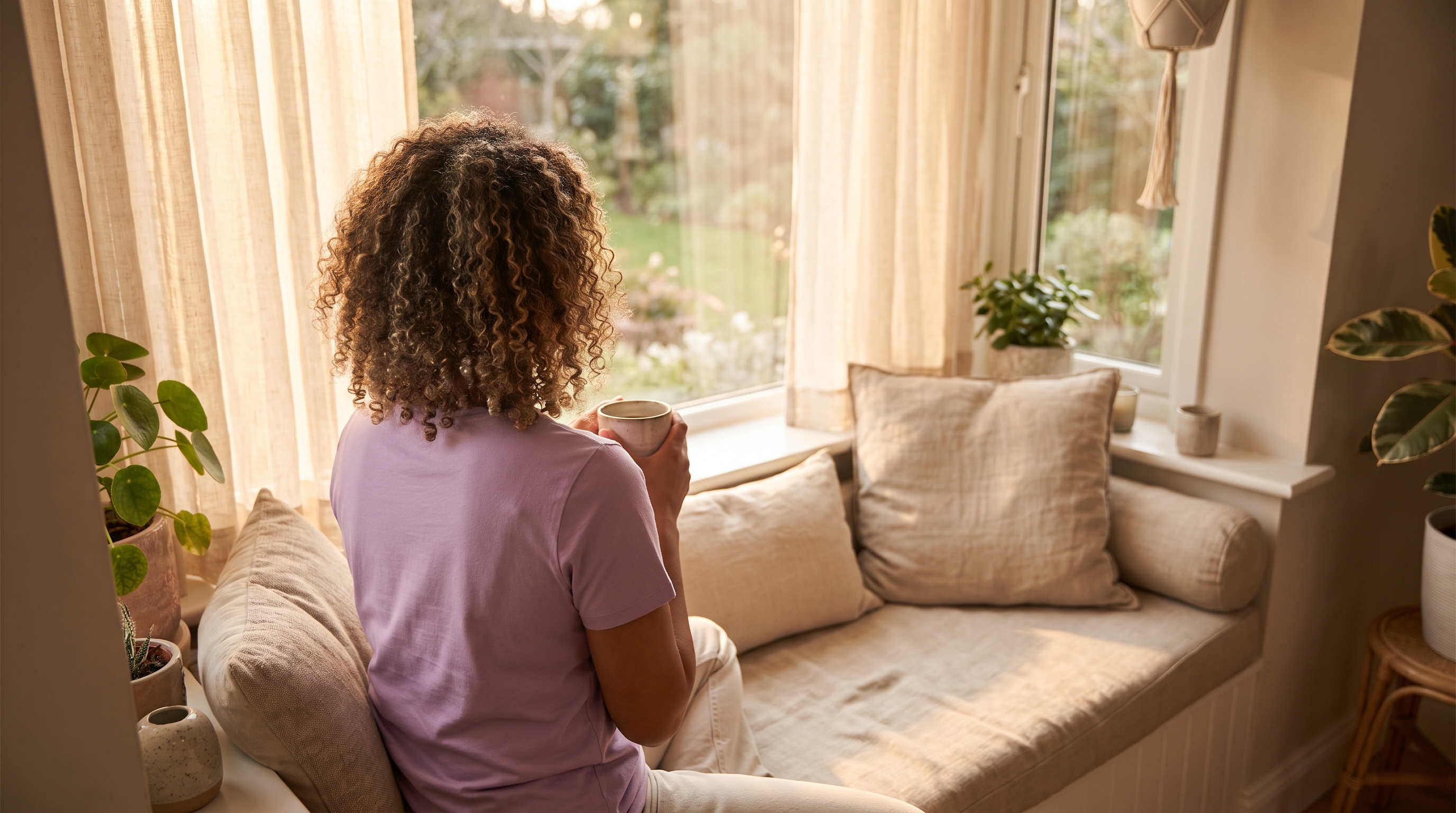 A woman in her late 20s in light flowing clothes in a bright bedroom in the evening