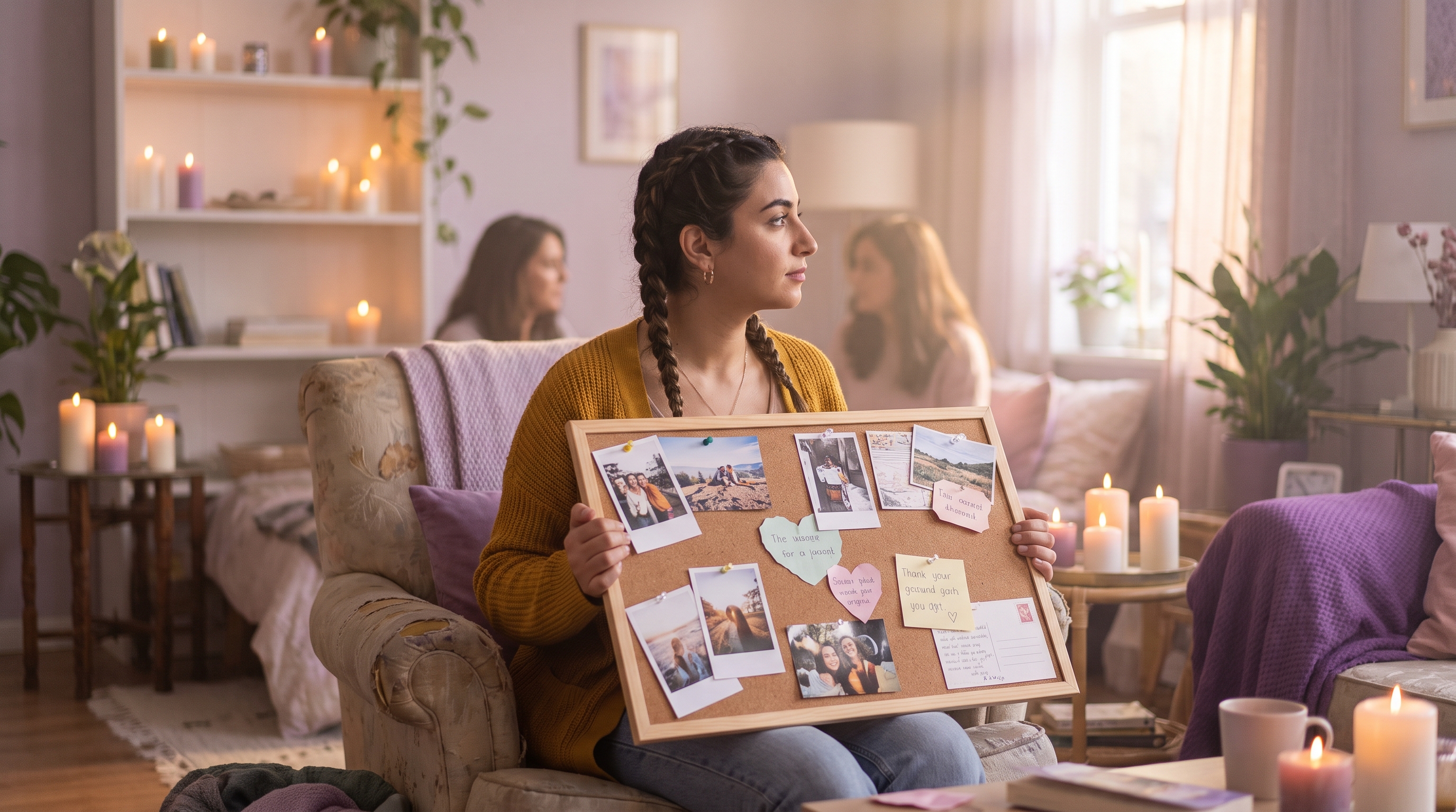 corkboard covered with magazine cutouts and printed photos