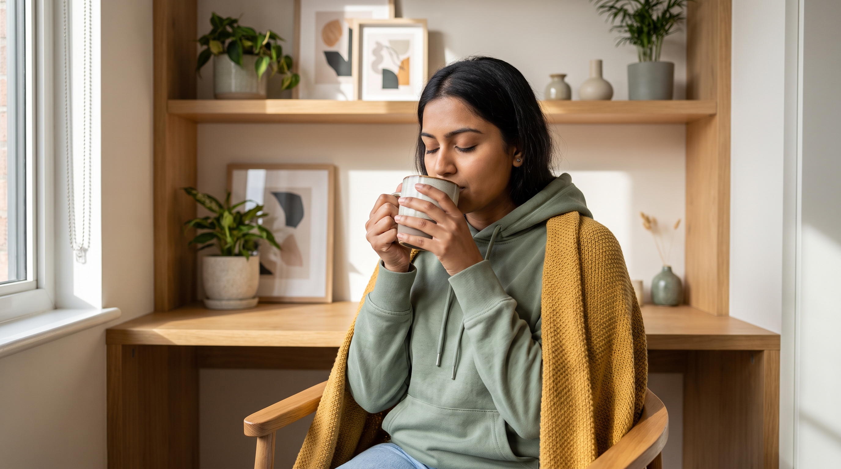 A woman in her late 20s in a soft knit sitting on the sofa with a mug of tea and her eyes closed