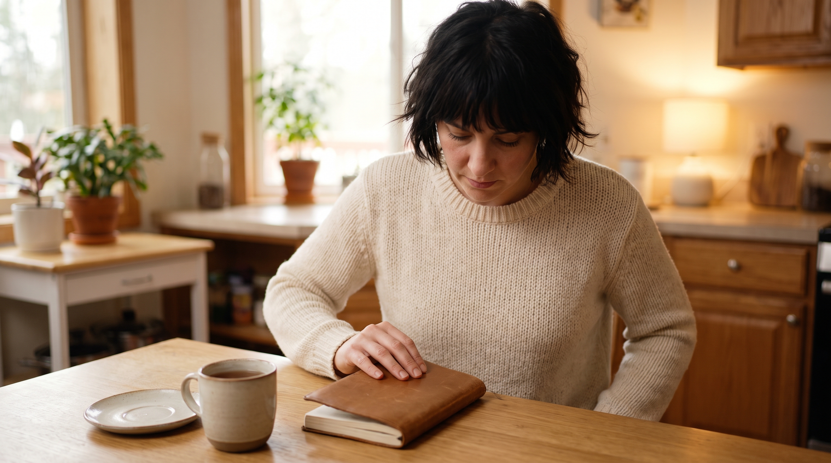 Person closing a laptop at a kitchen table in the evening