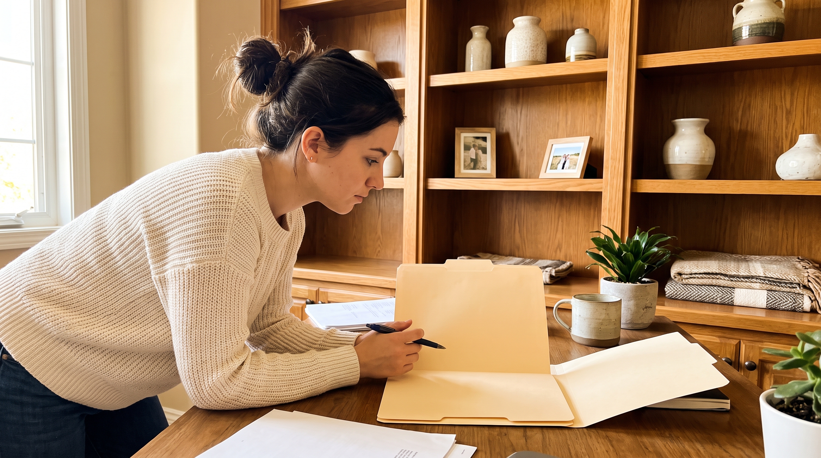person pausing over two folders on a desk