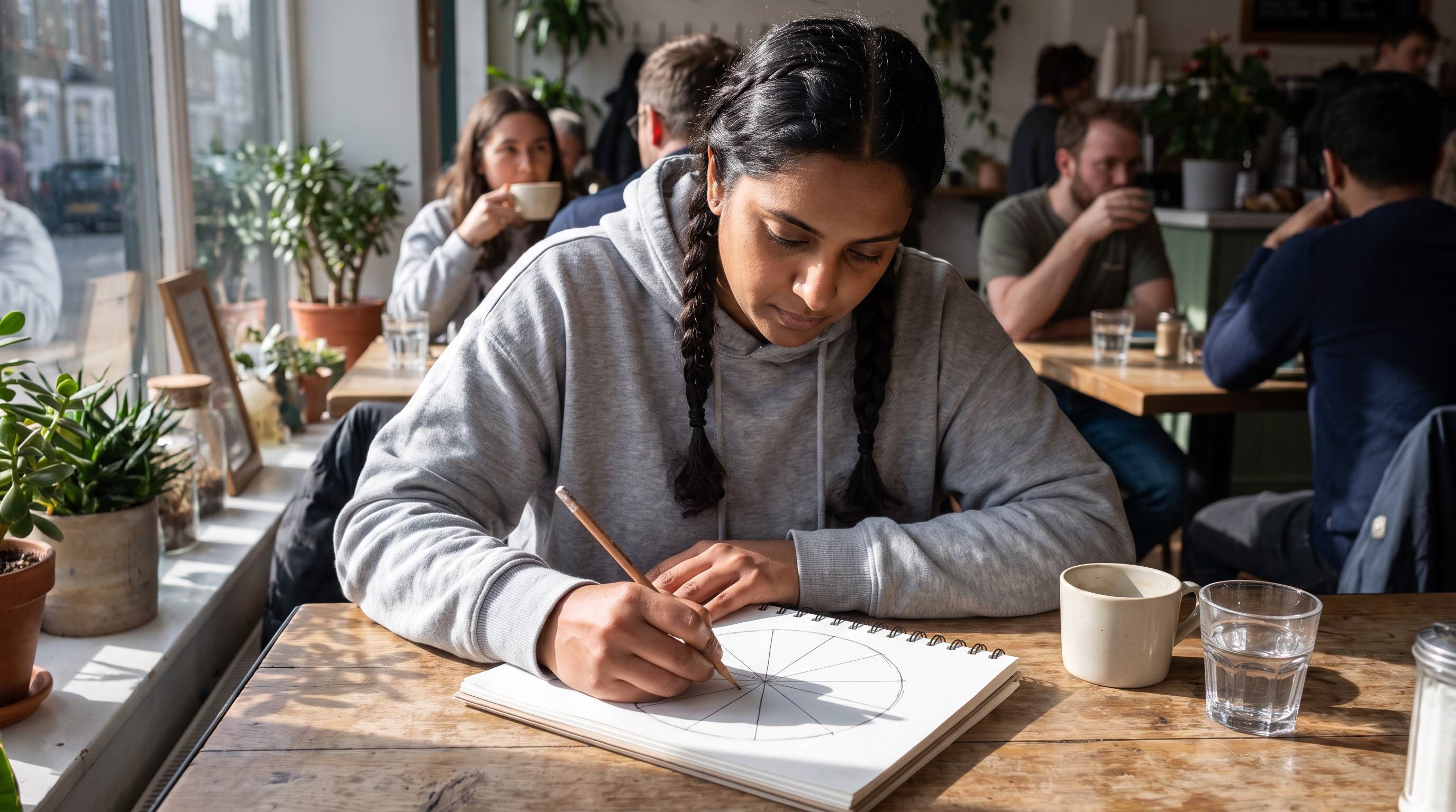 person sketching a circular chart divided into twelve sections on paper