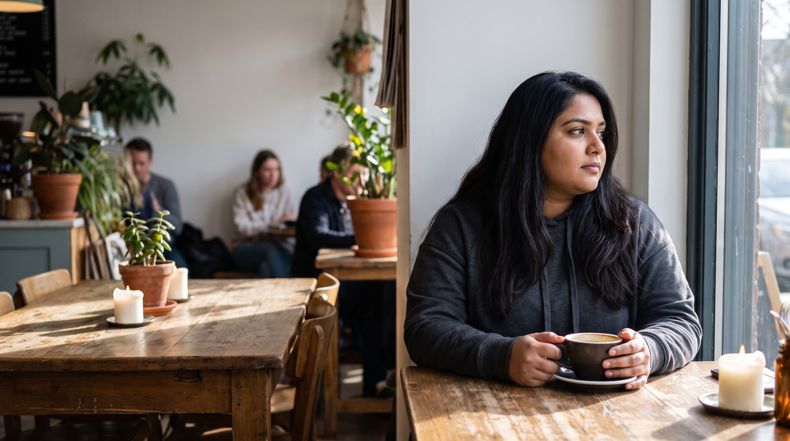 woman reading phone with coffee at kitchen table