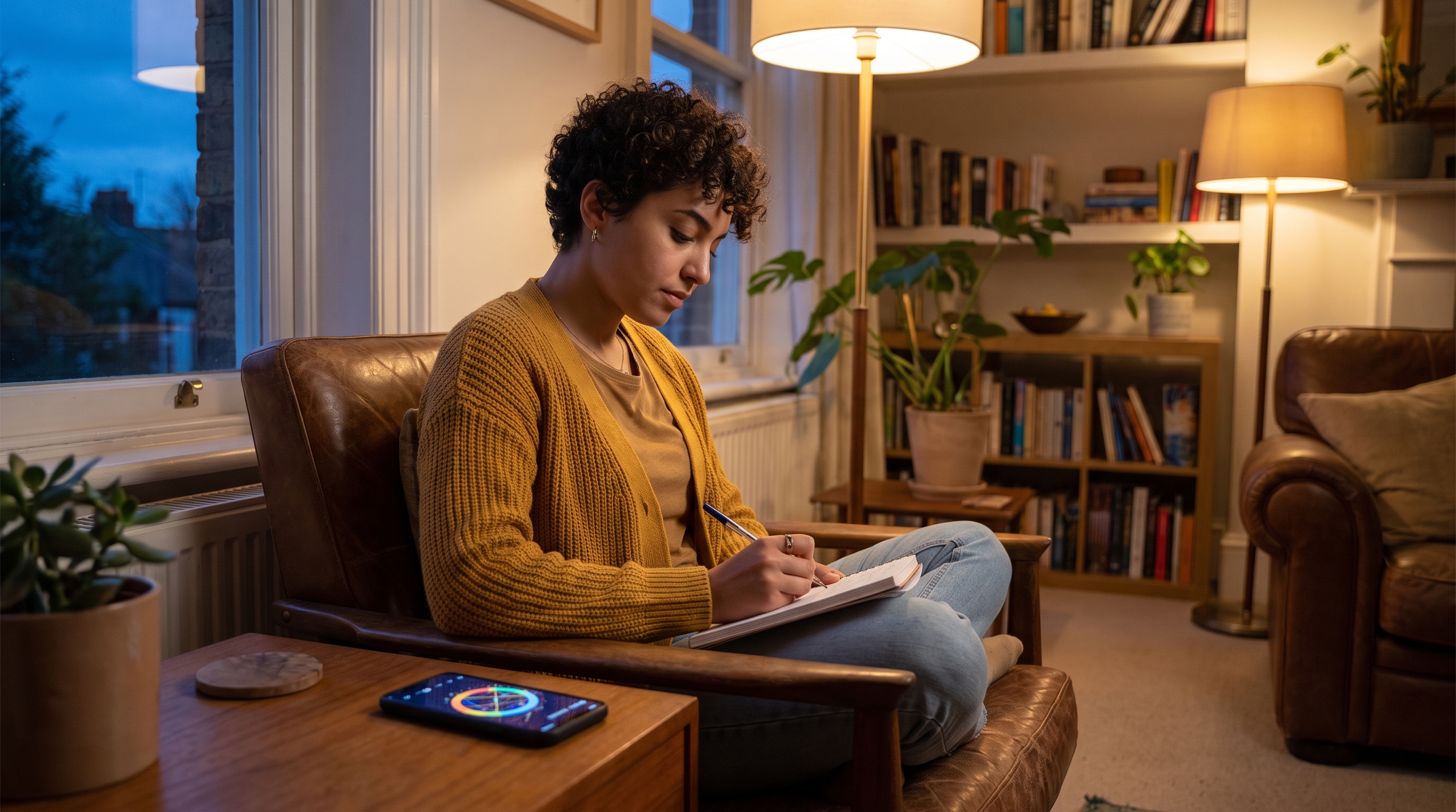 Person journaling next to a phone showing a birth chart