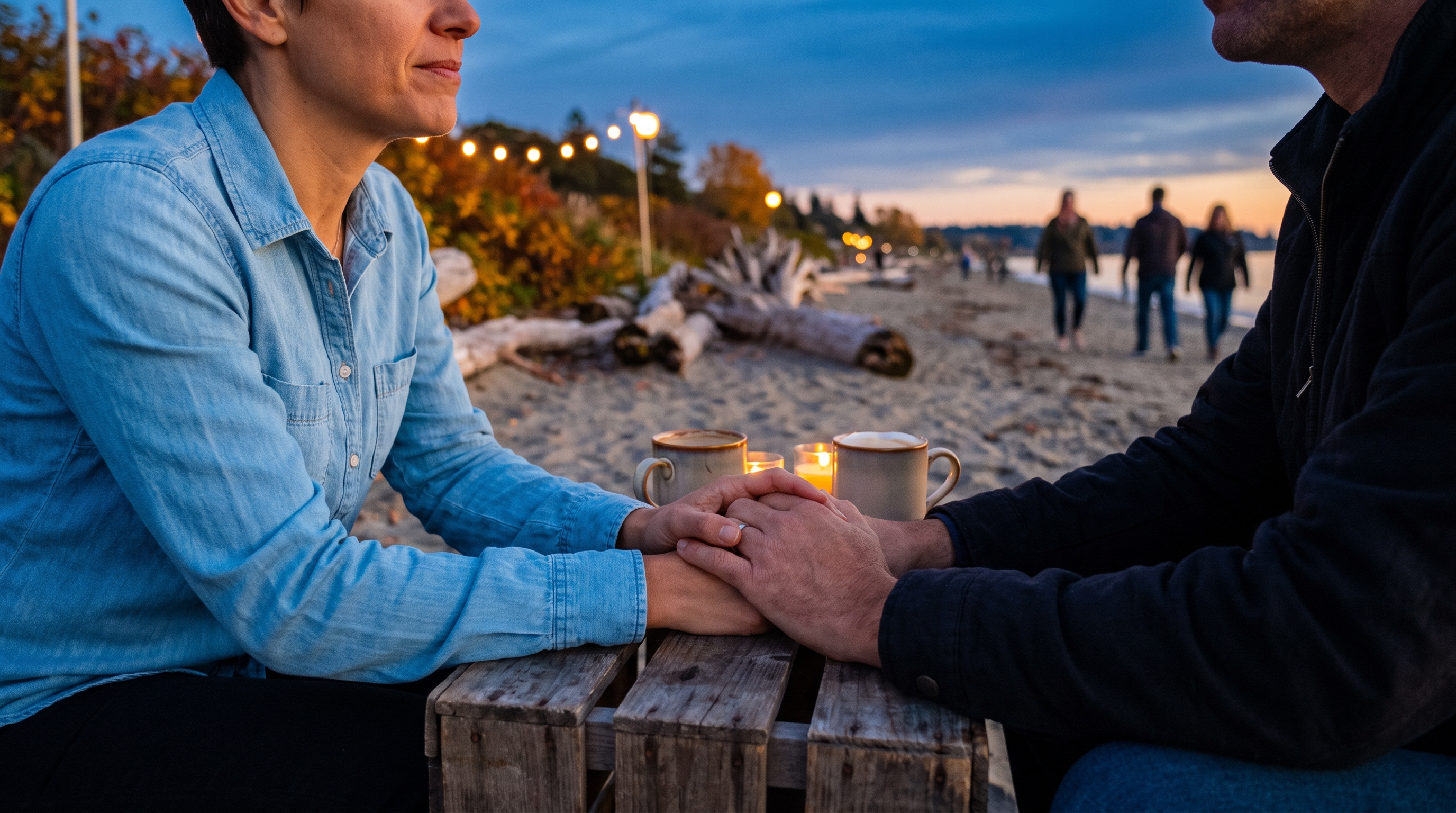 couple sitting together looking at a notebook outdoors