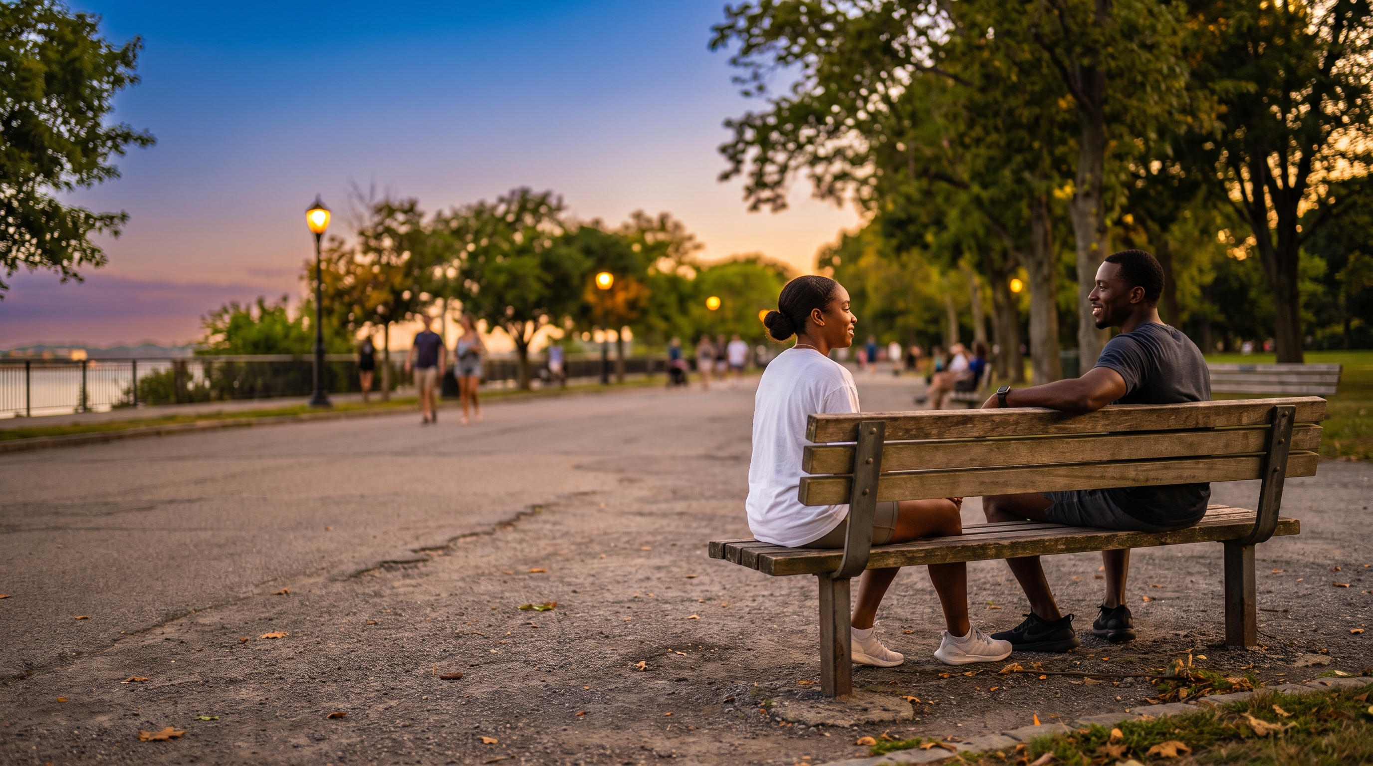 two people sitting on opposite ends of a park bench