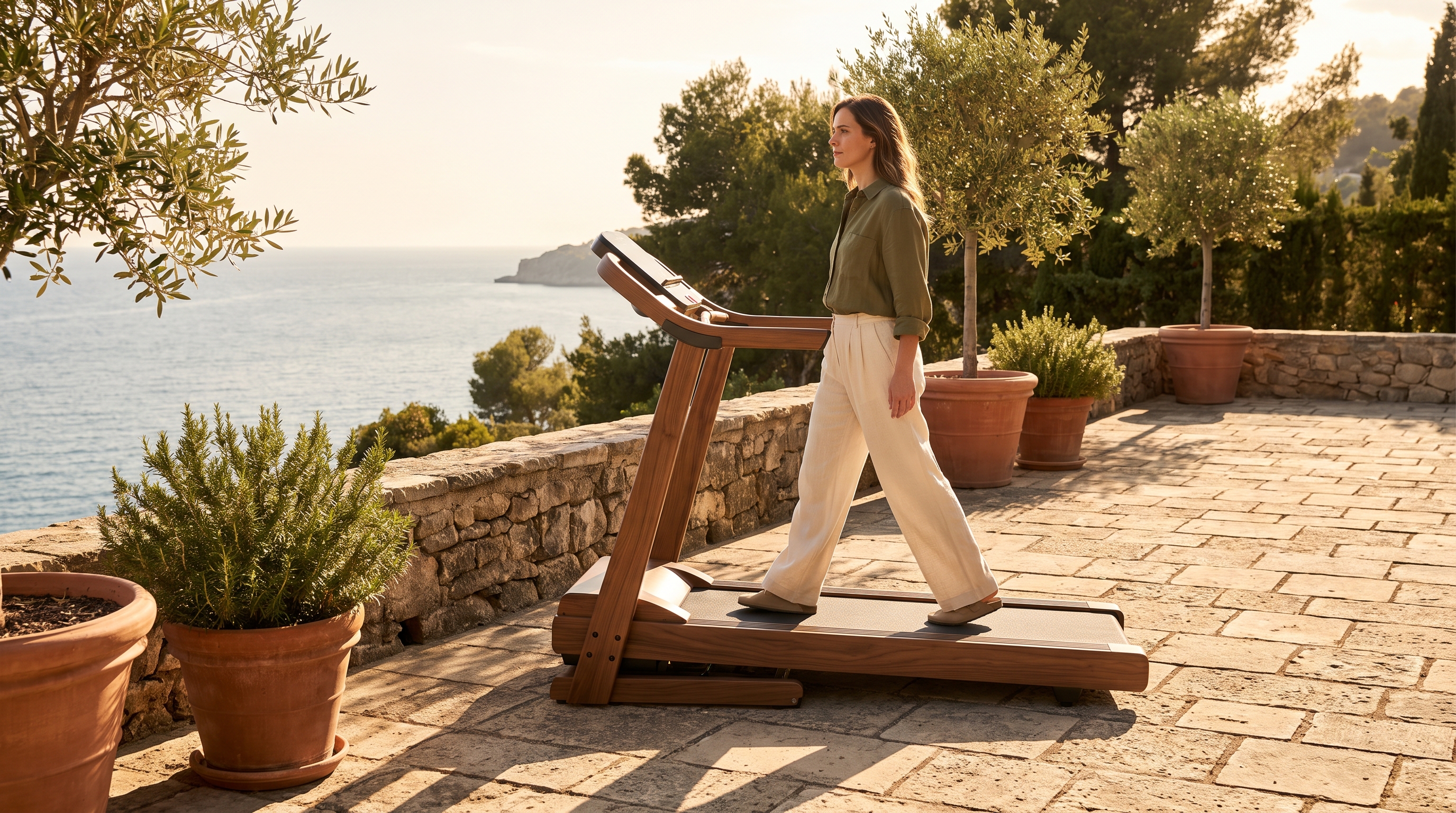 woman walking on inclined treadmill in home gym