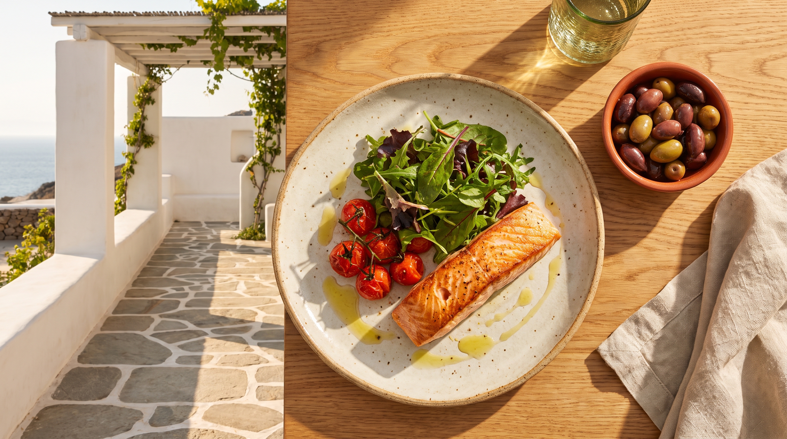 colourful plate of vegetables, olive oil and oily fish
