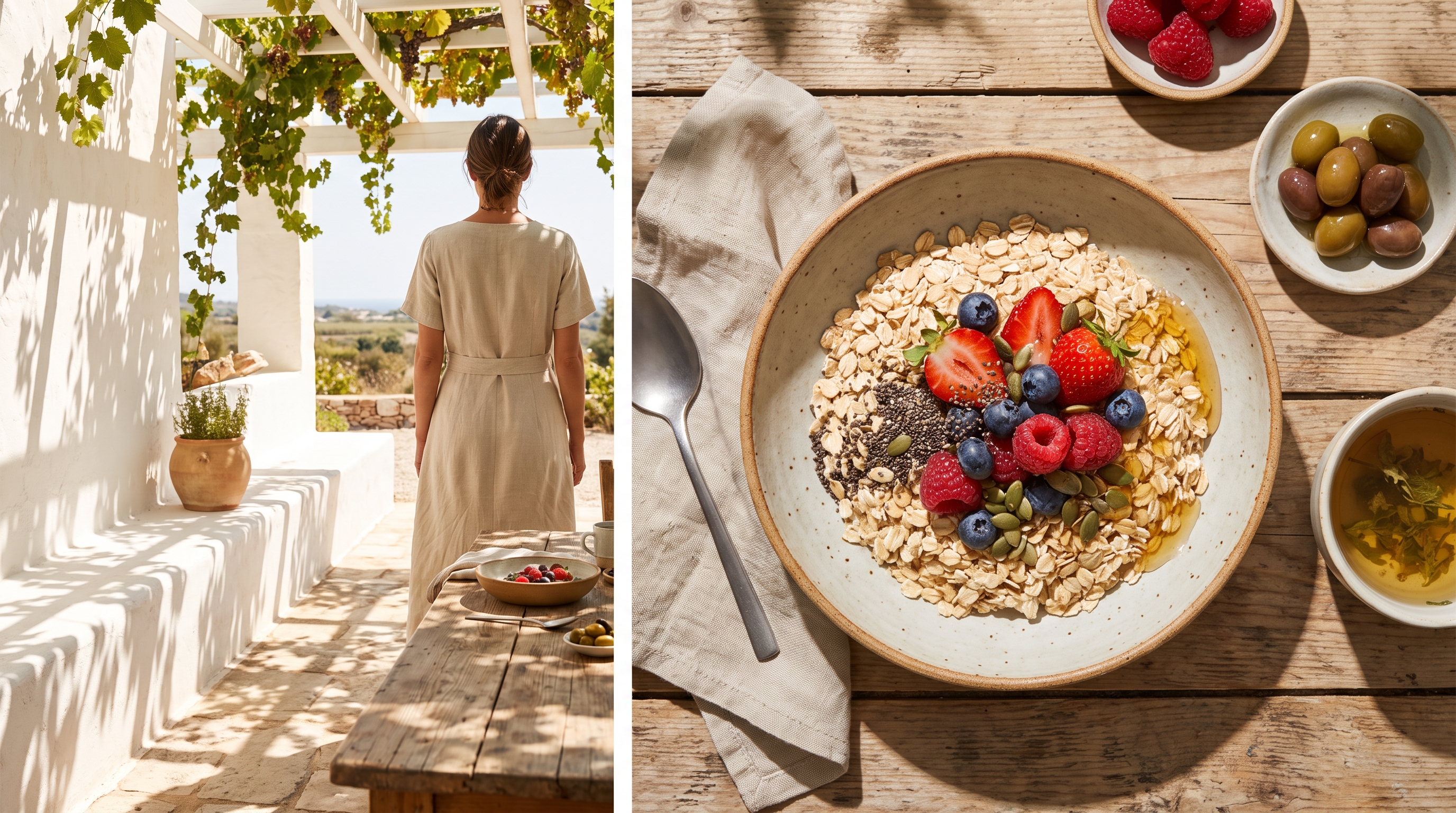 bowl of oats with berries and seeds on a table