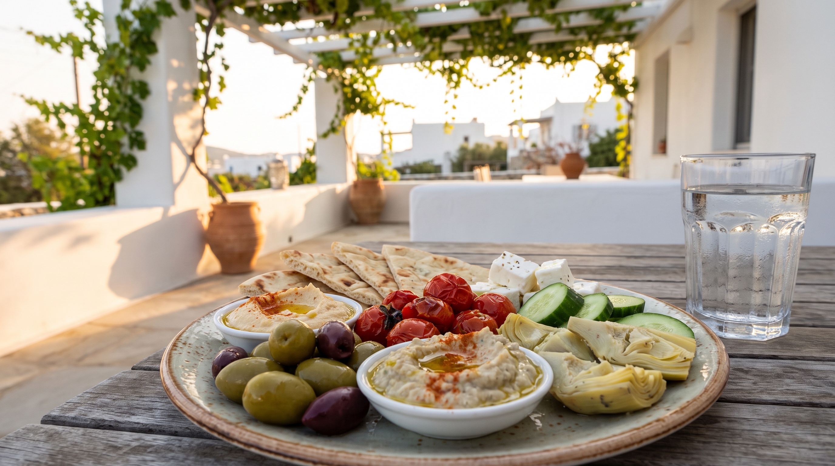 A Mediterranean mezze plate on a terrace table under a pergola beside a glass of water