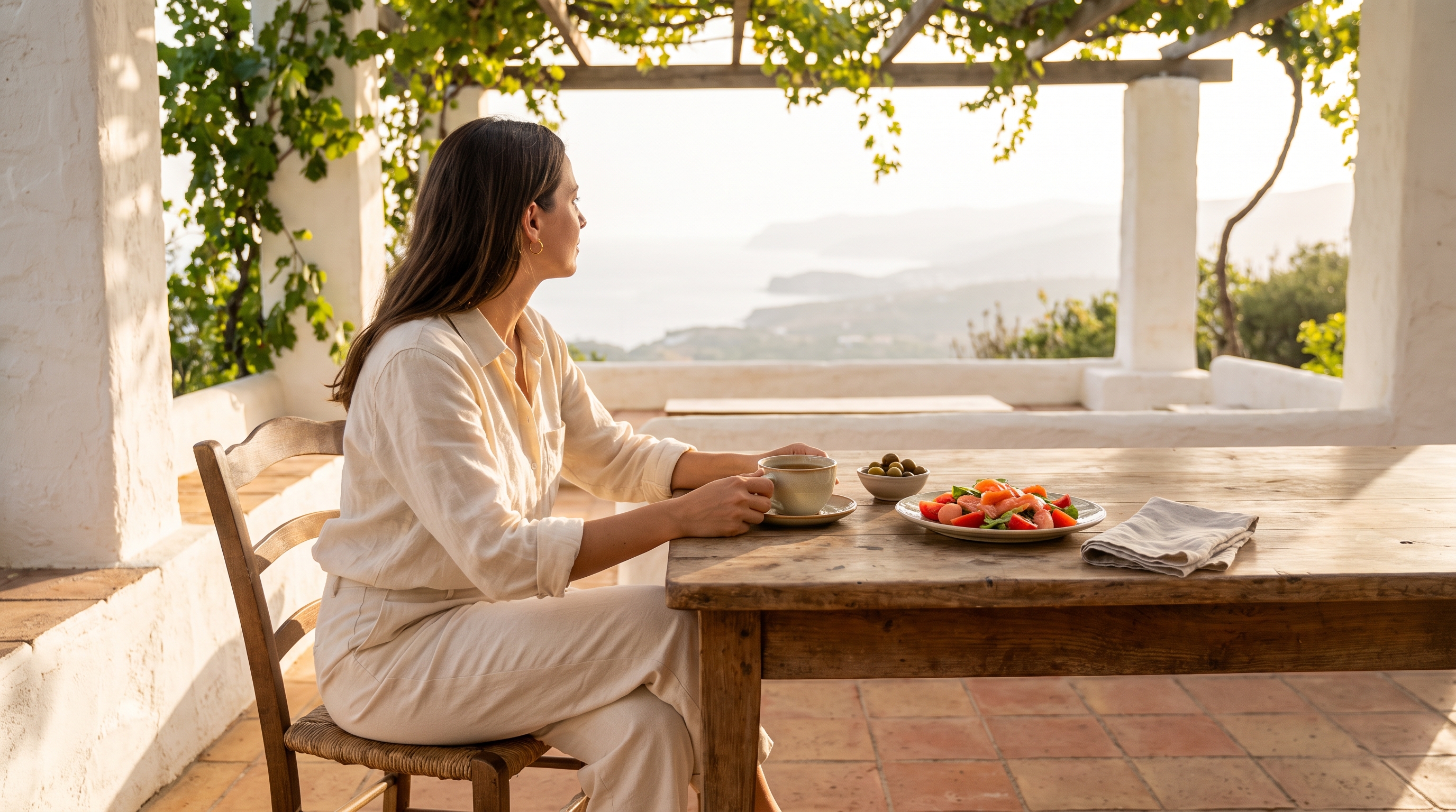 A woman in her 30s in natural linen sitting at a terrace table under a pergola with a cup of tea