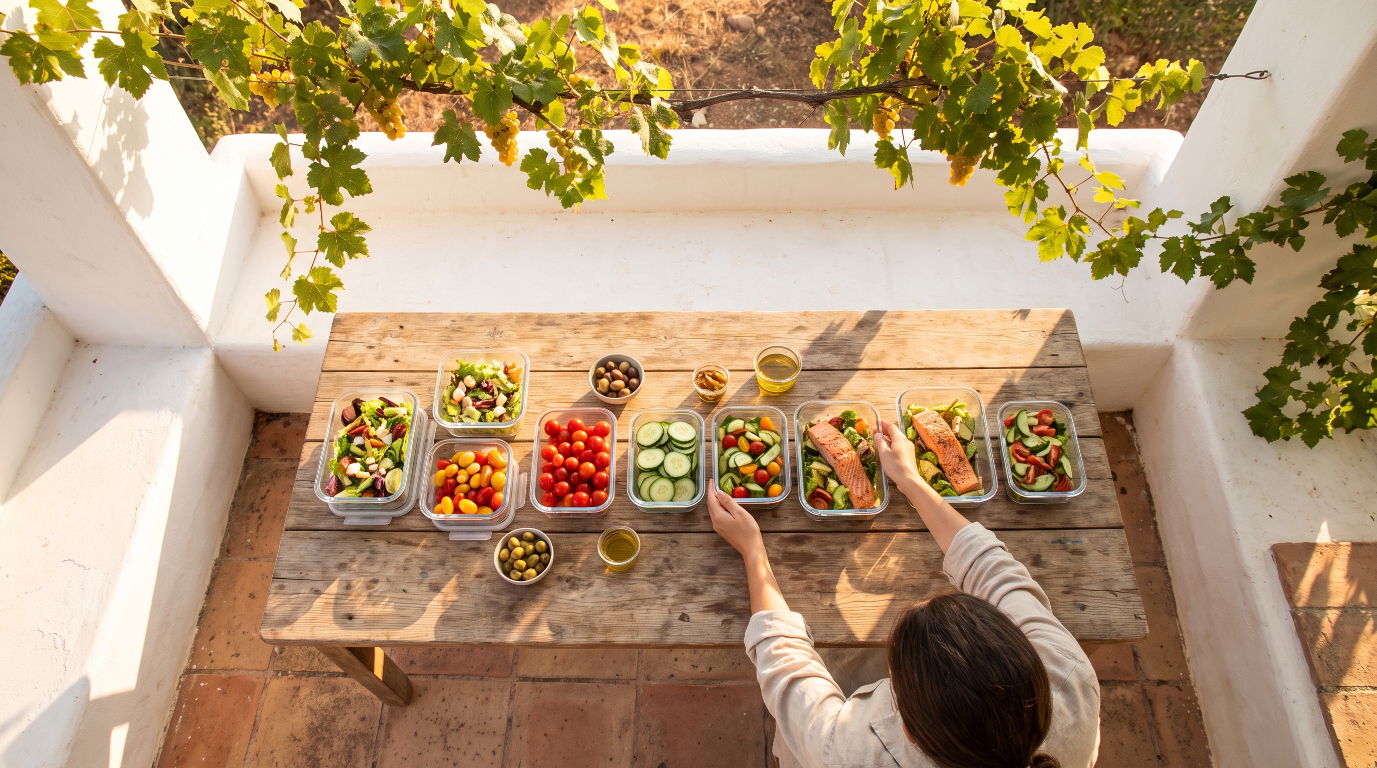 containers of prepped meals lined up on a kitchen counter