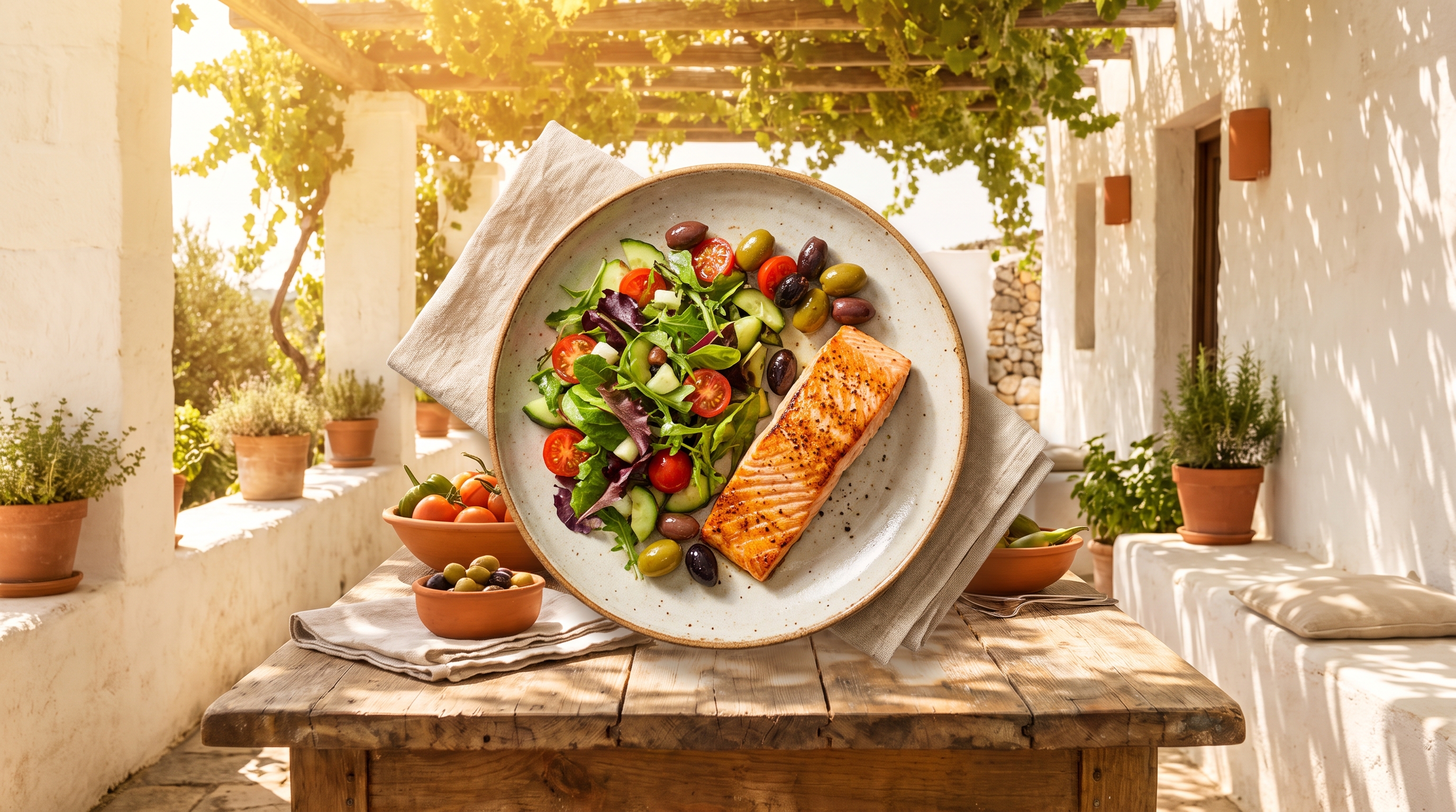 mediterranean plate with vegetables olive oil and grilled fish
