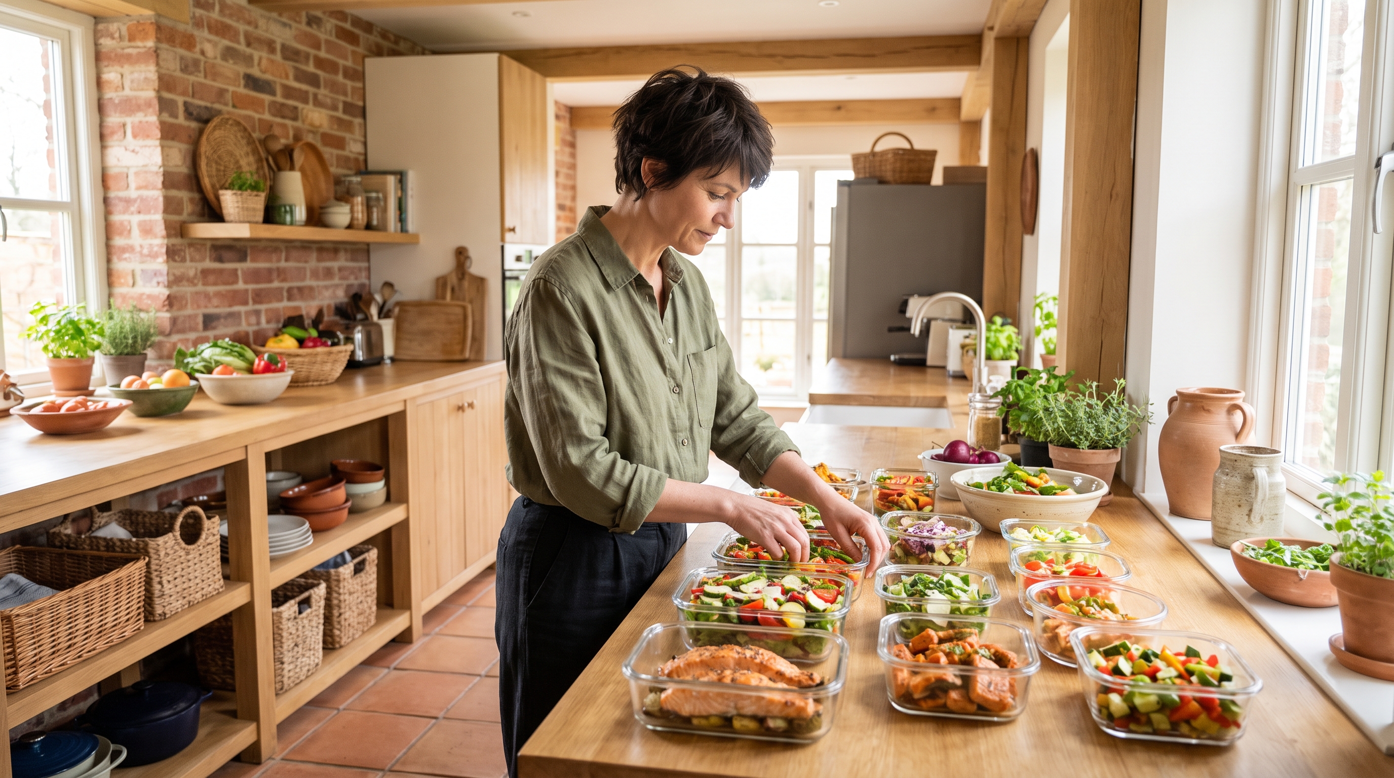 weekly meal containers lined up on a kitchen counter