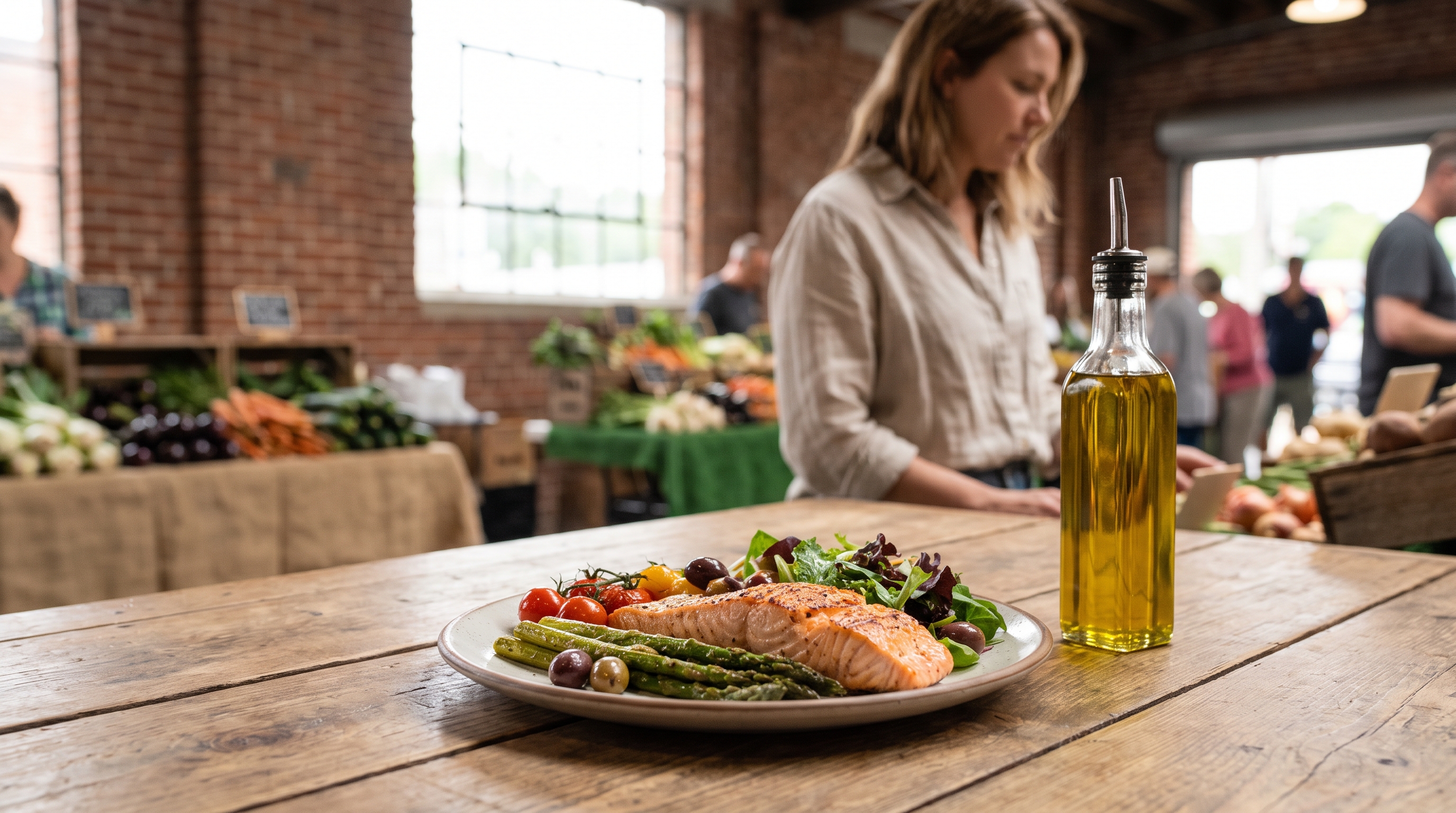 colourful vegetable and olive oil dish on wooden table