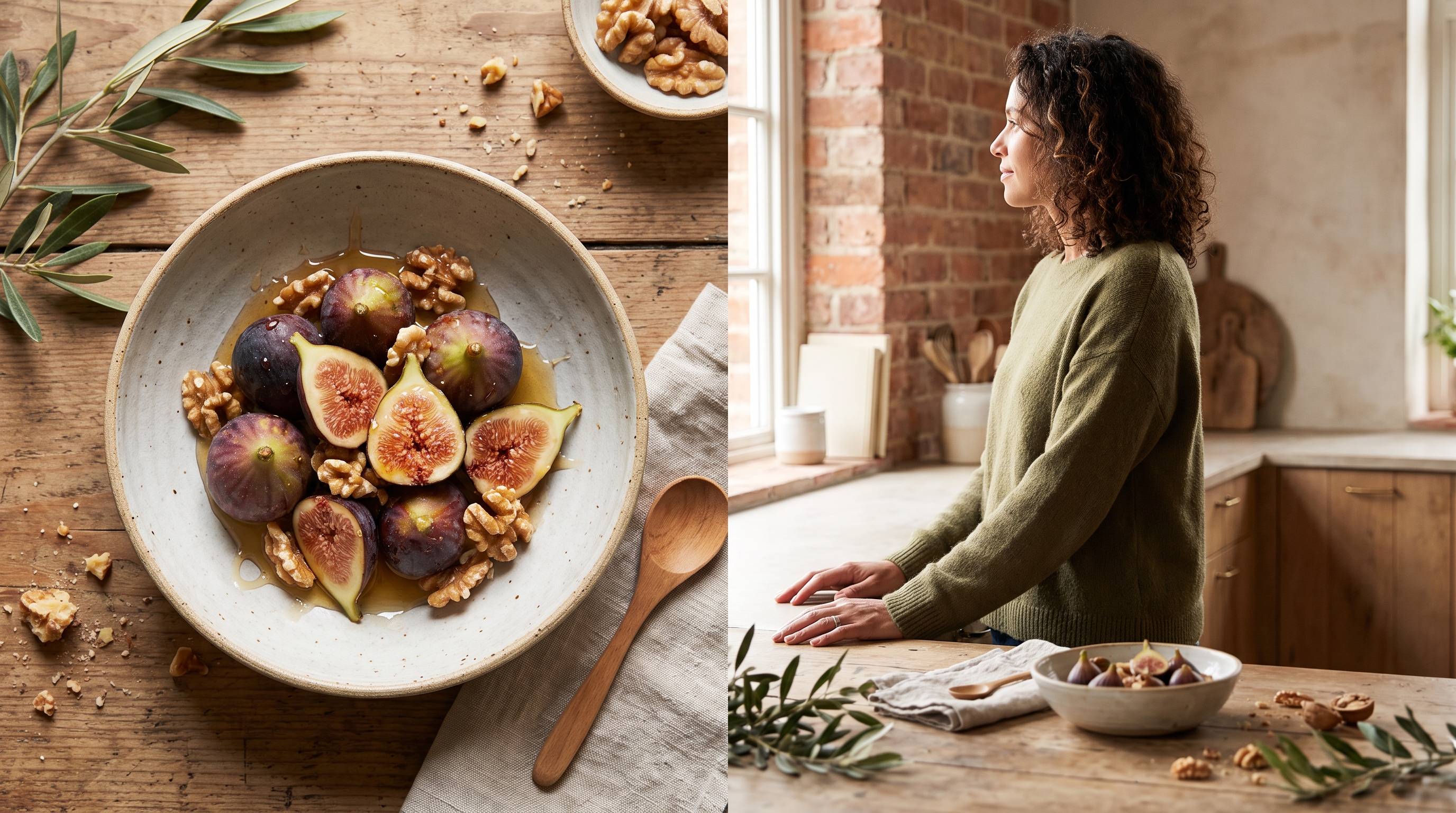 bowl of fresh figs honey and walnuts on wooden table
