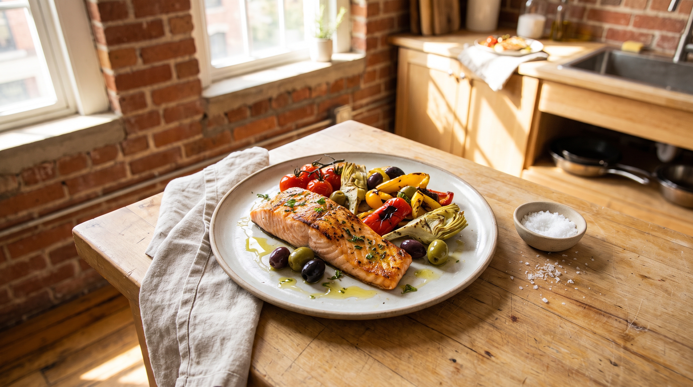 plate of grilled fish with vegetables and olive oil