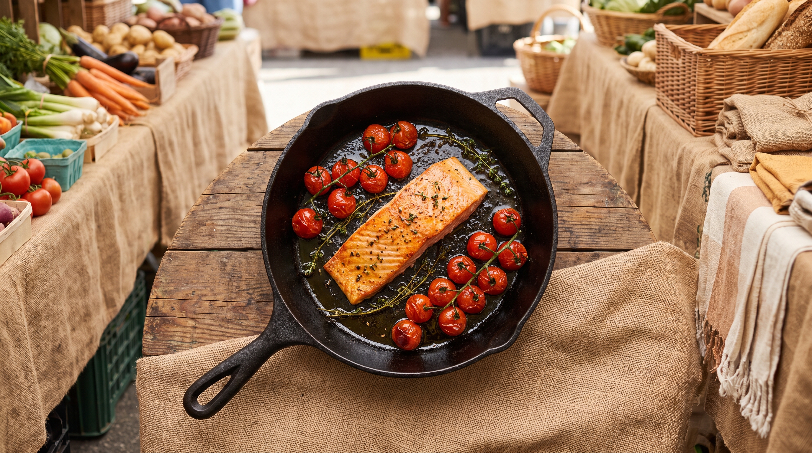 salmon fillet cooking in a pan with vegetables