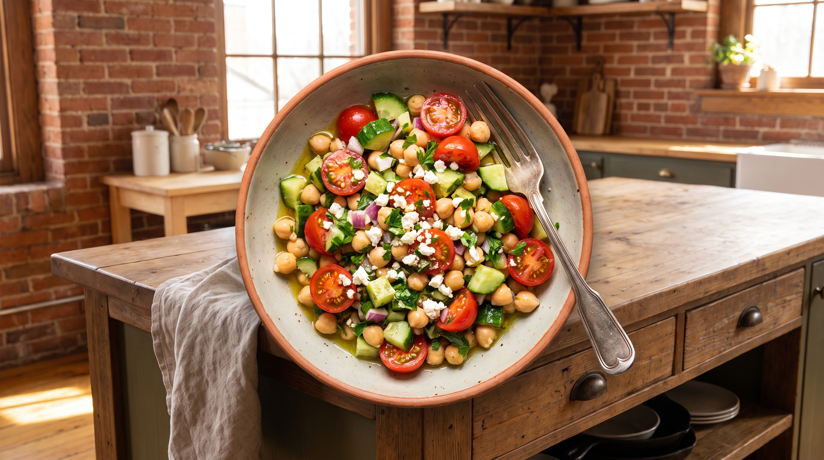 chickpea salad bowl on kitchen counter