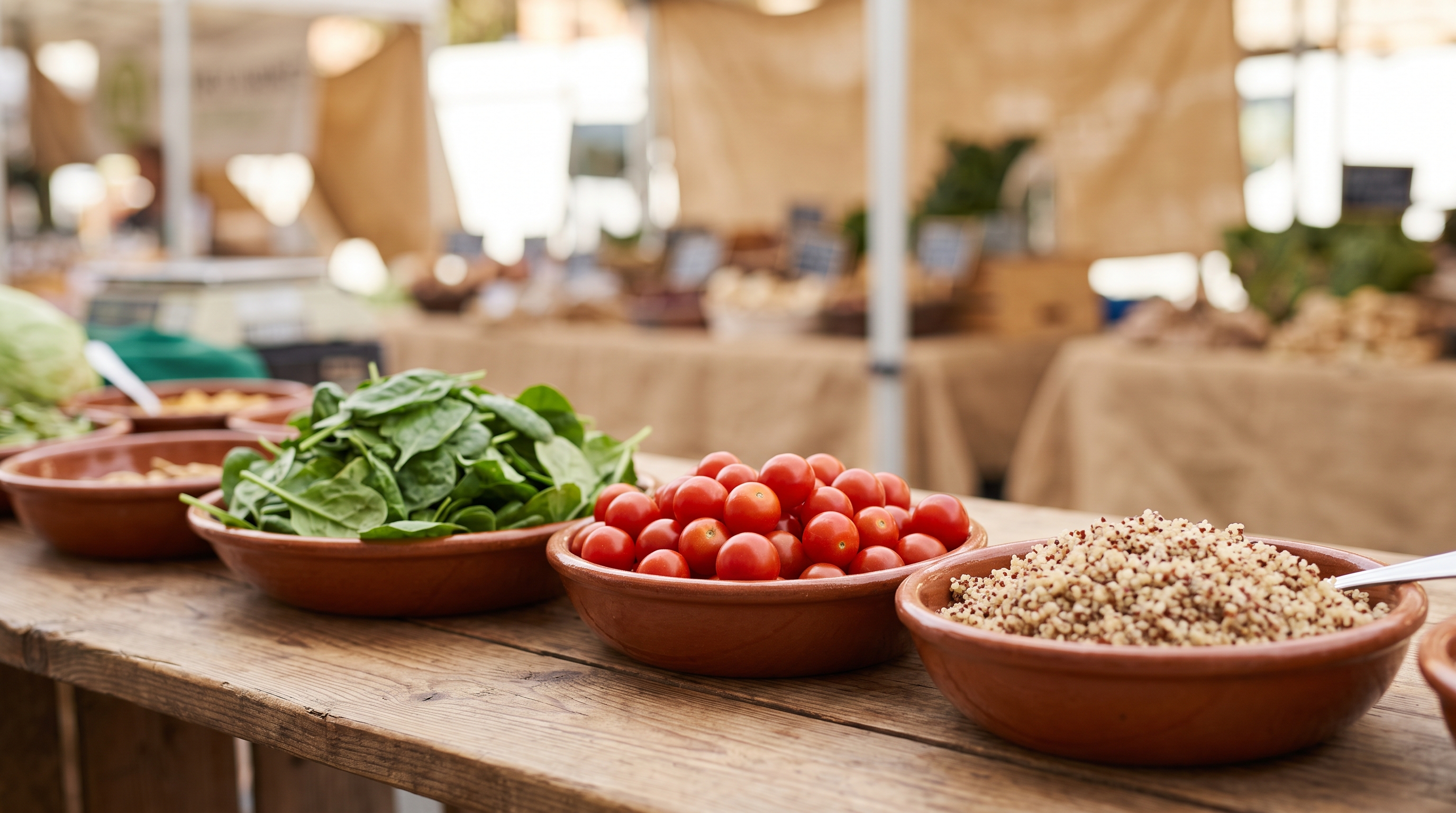 wooden table with fresh vegetables and grains in bowls