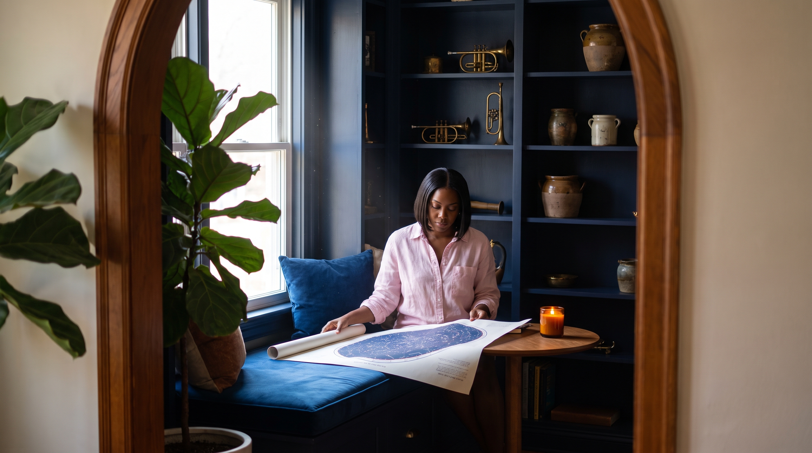 person sketching a star chart in a notebook by candlelight