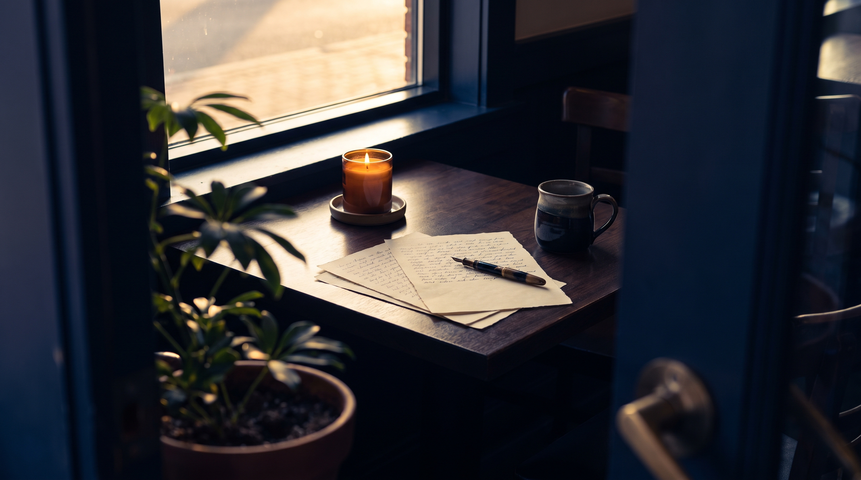 person writing in a journal by candlelight at night
