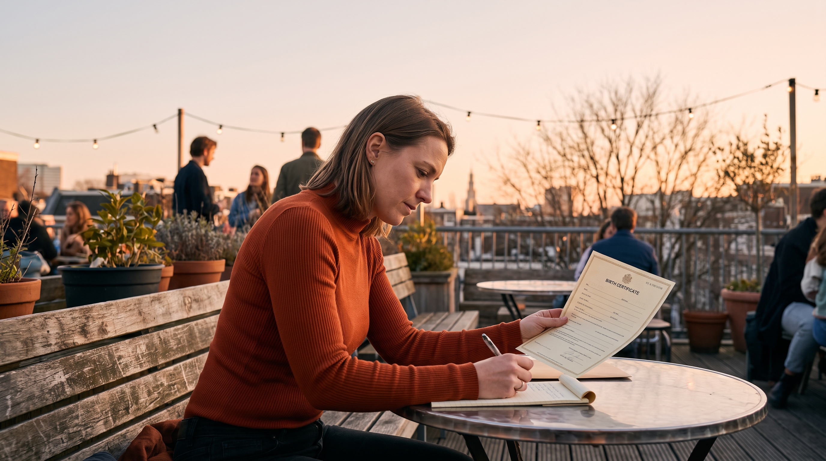 person checking birth details on paper at night