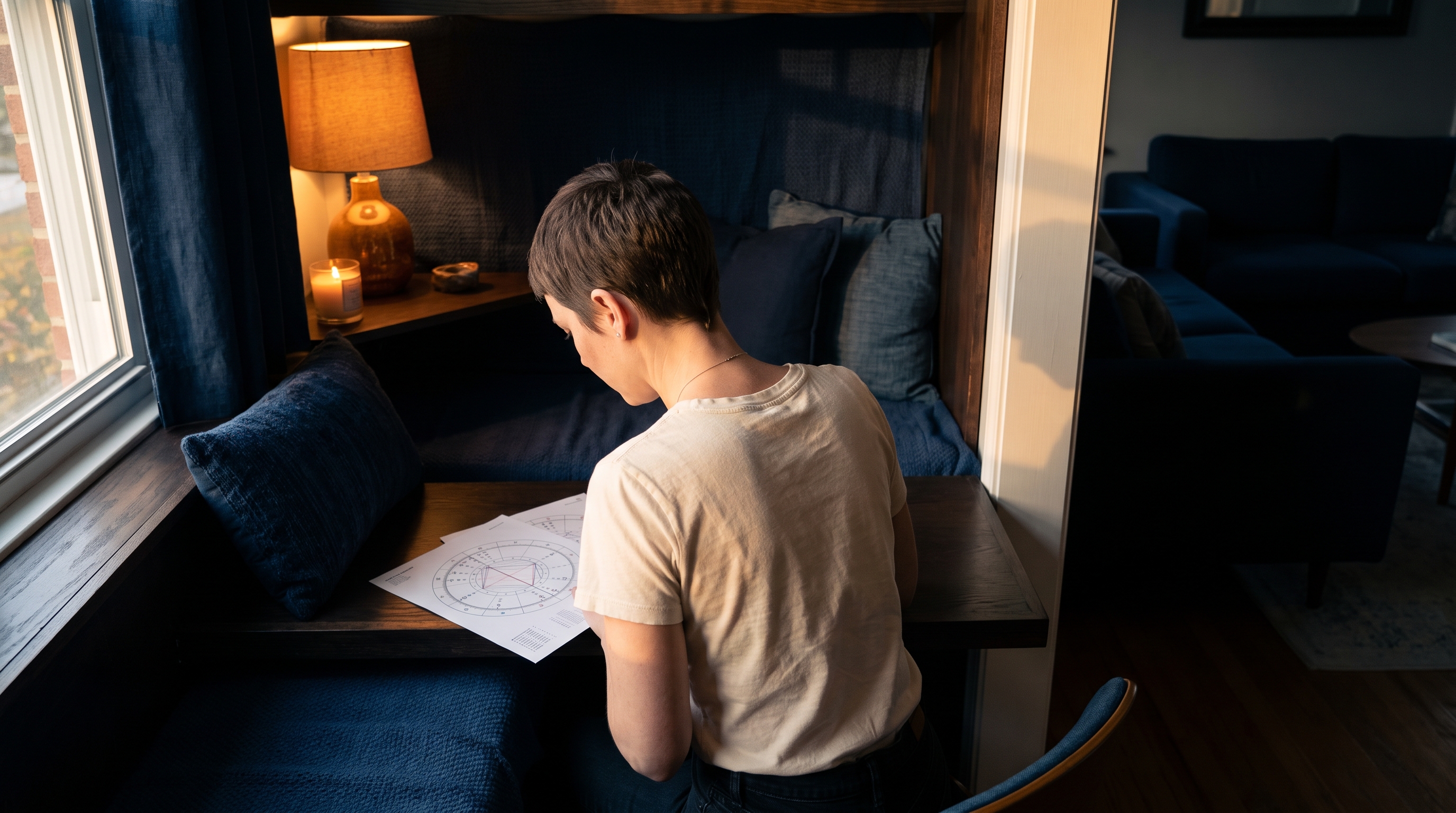 person studying a printed star chart at a desk
