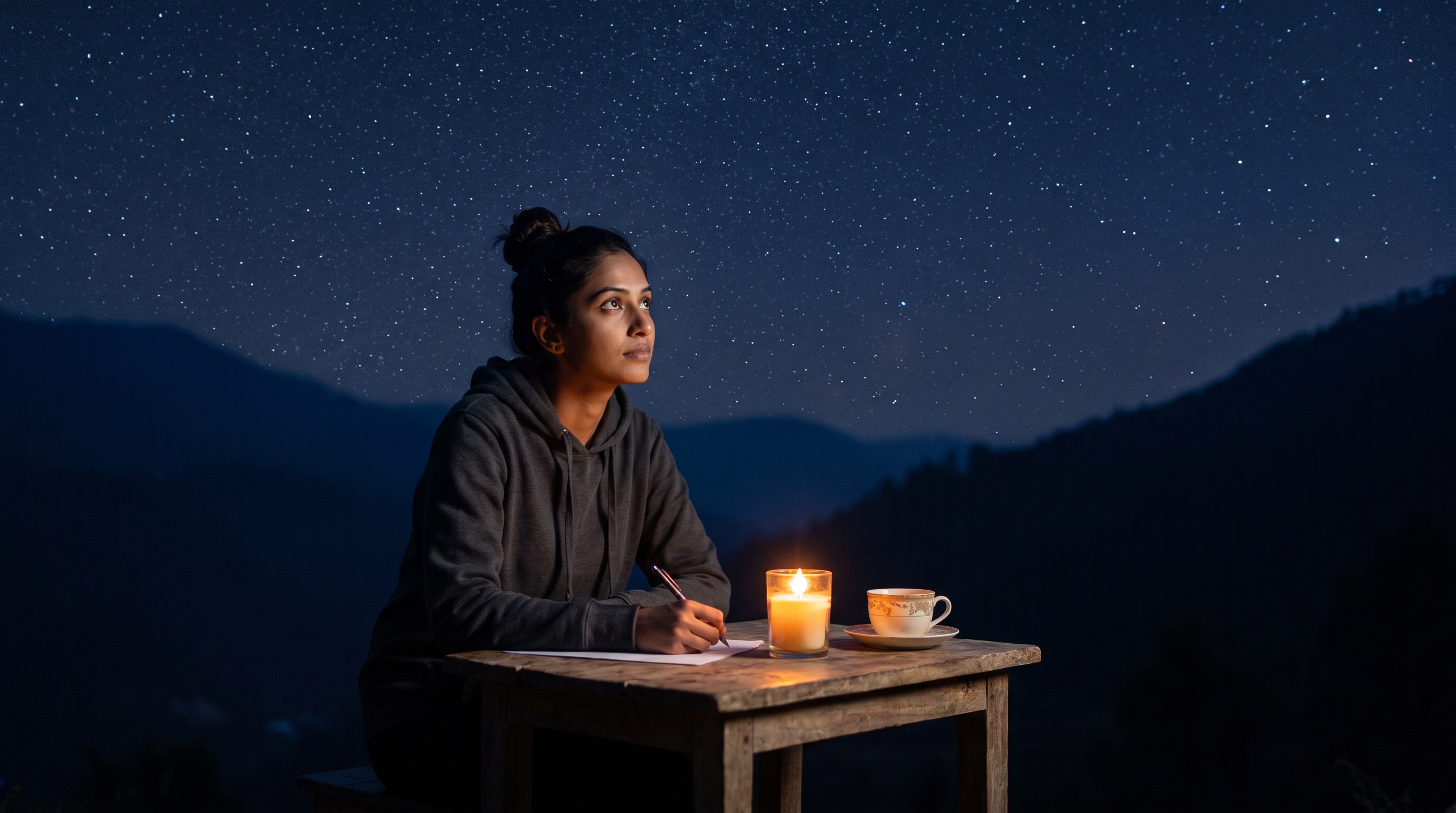 hand writing in a journal by candlelight at night