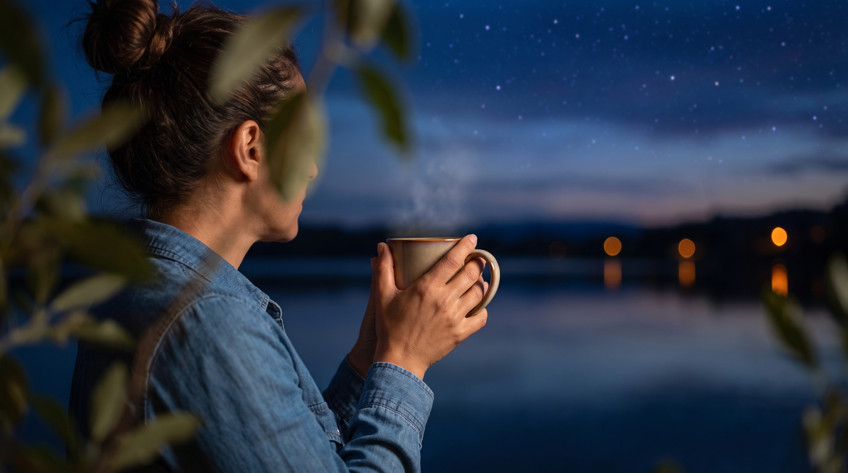 A reflective woman in her 30s looking up at a starry sky by a lake at dusk