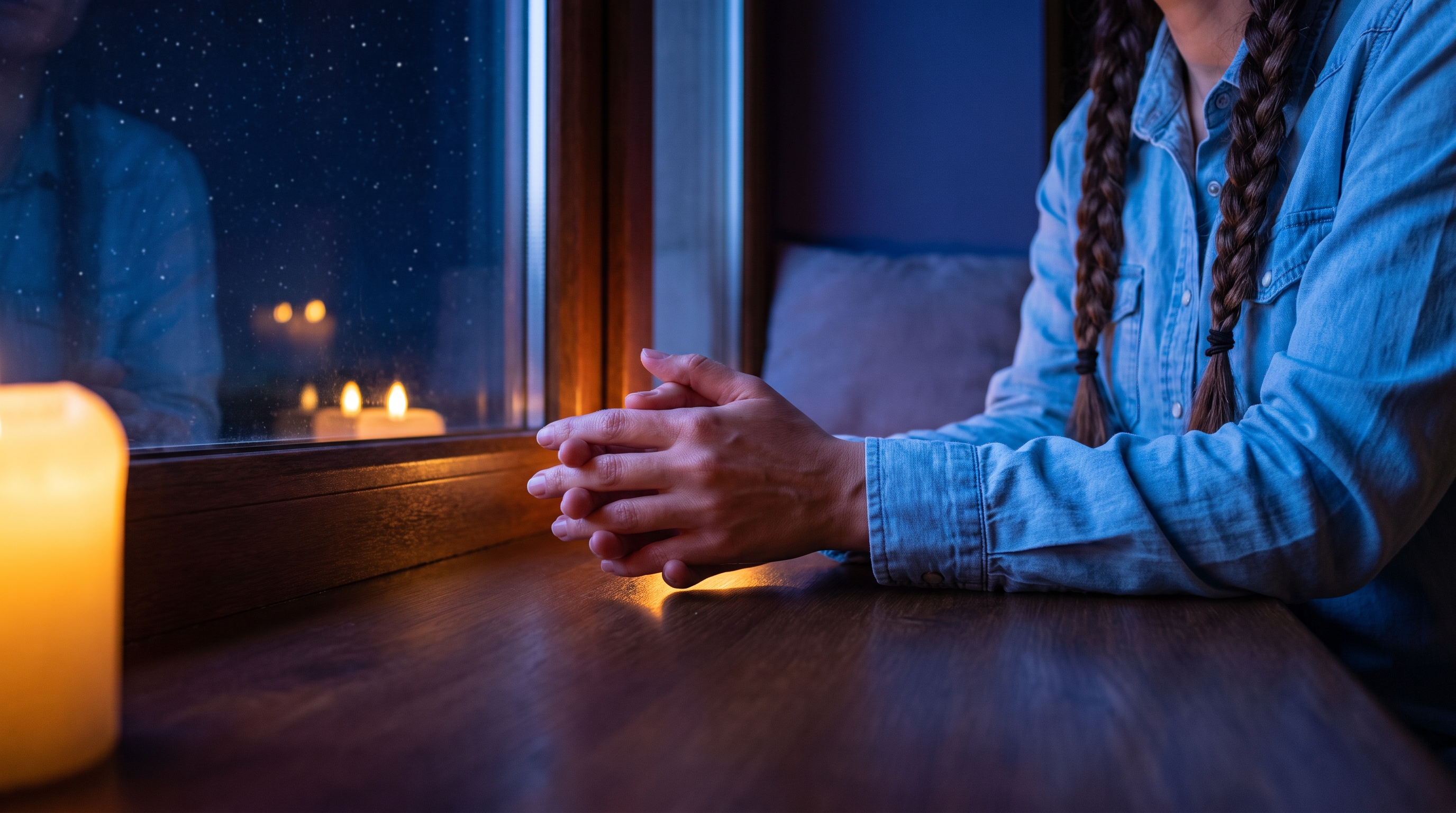 person sitting quietly by a window at dusk
