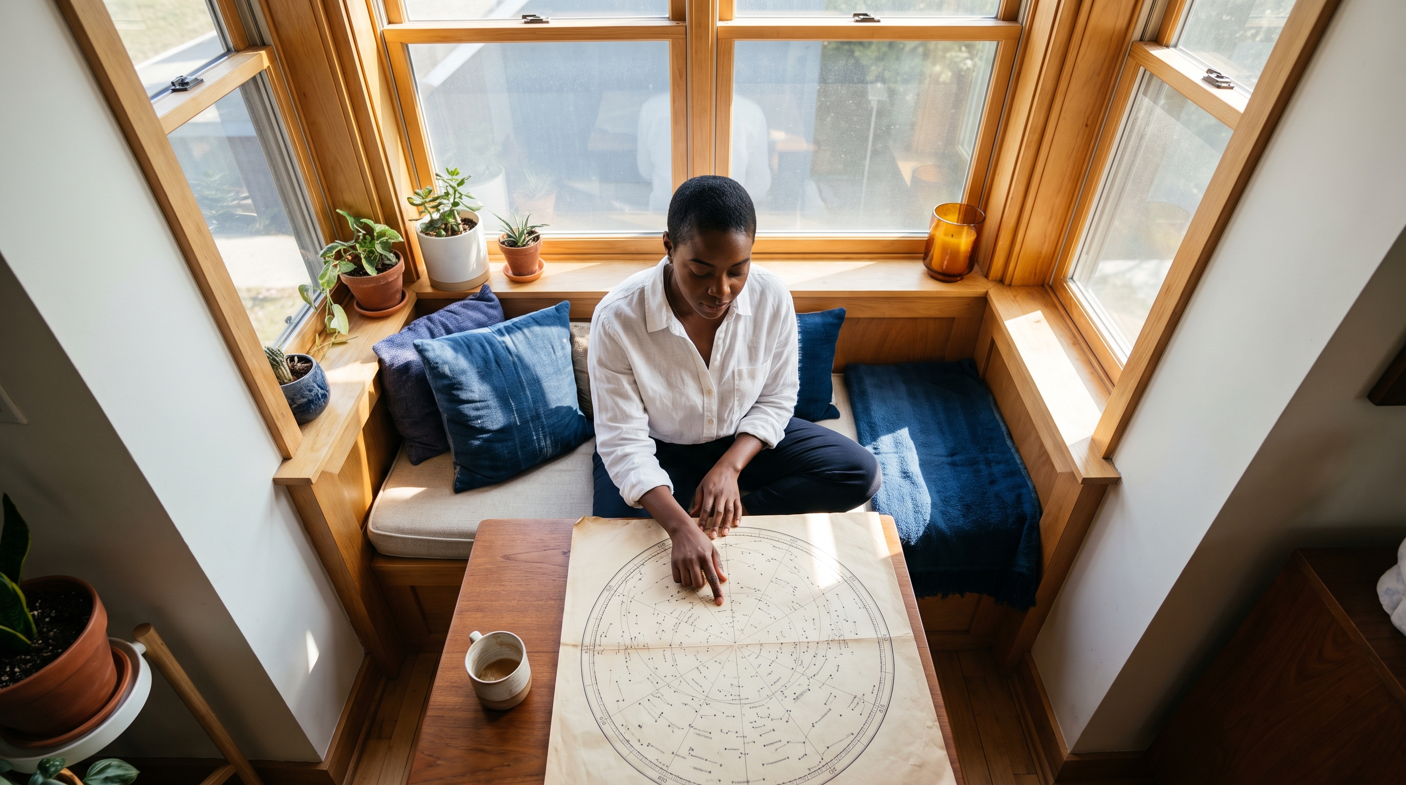 person tracing star positions on a printed star chart