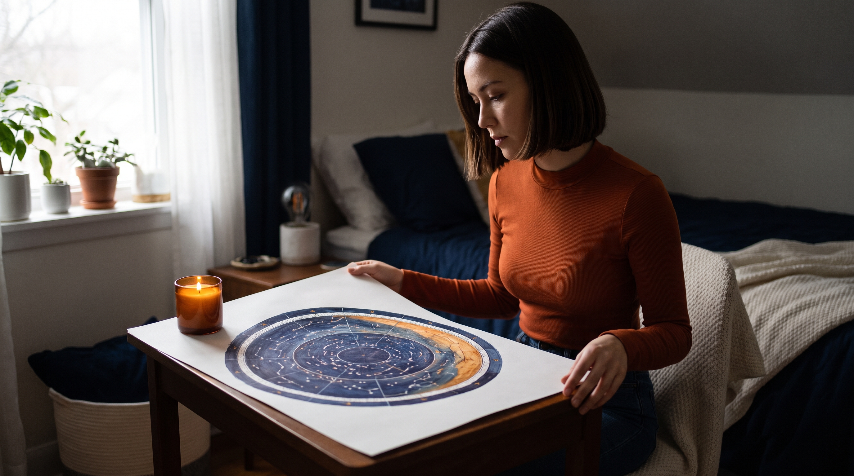 person looking at a hand drawn star chart on a desk