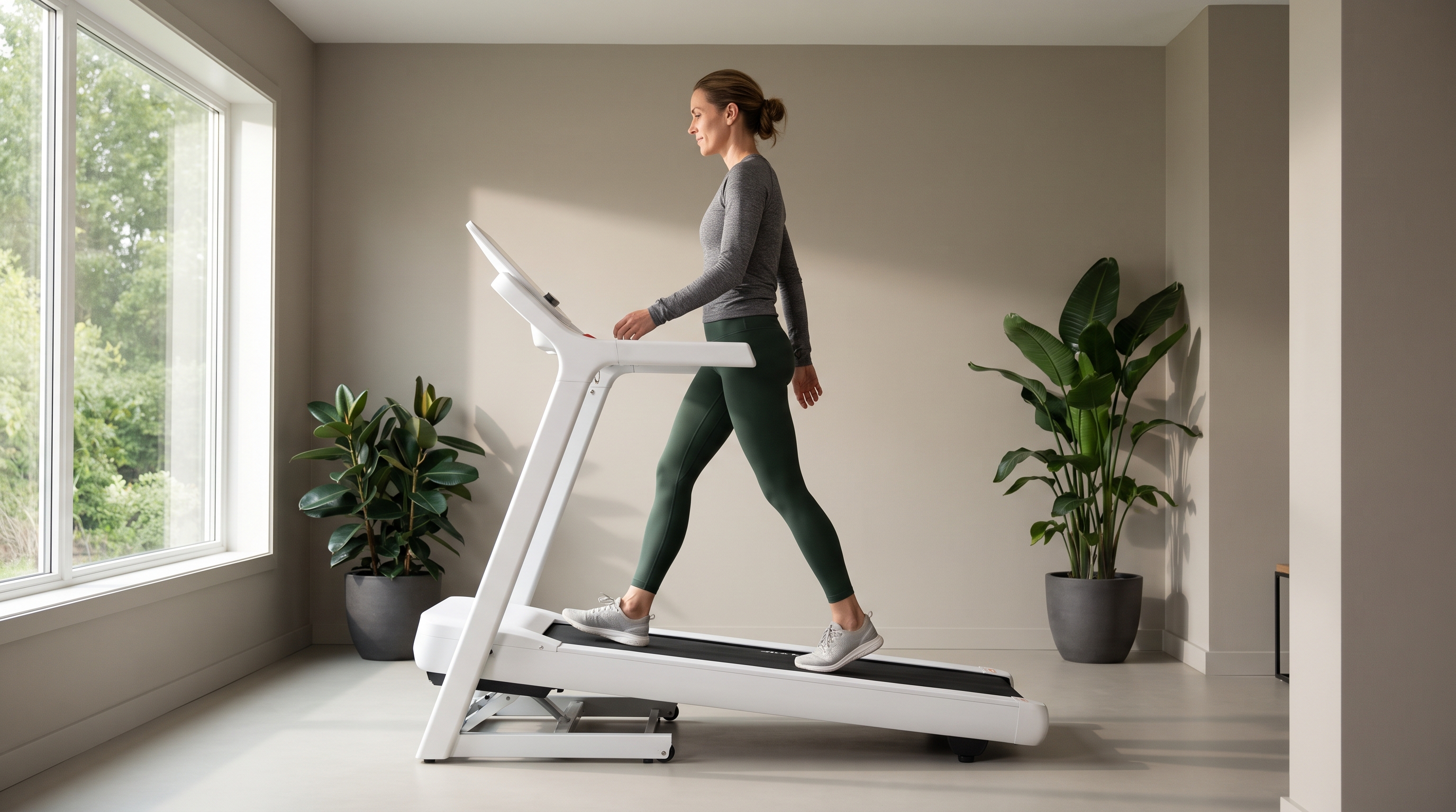 woman walking on incline treadmill in home gym