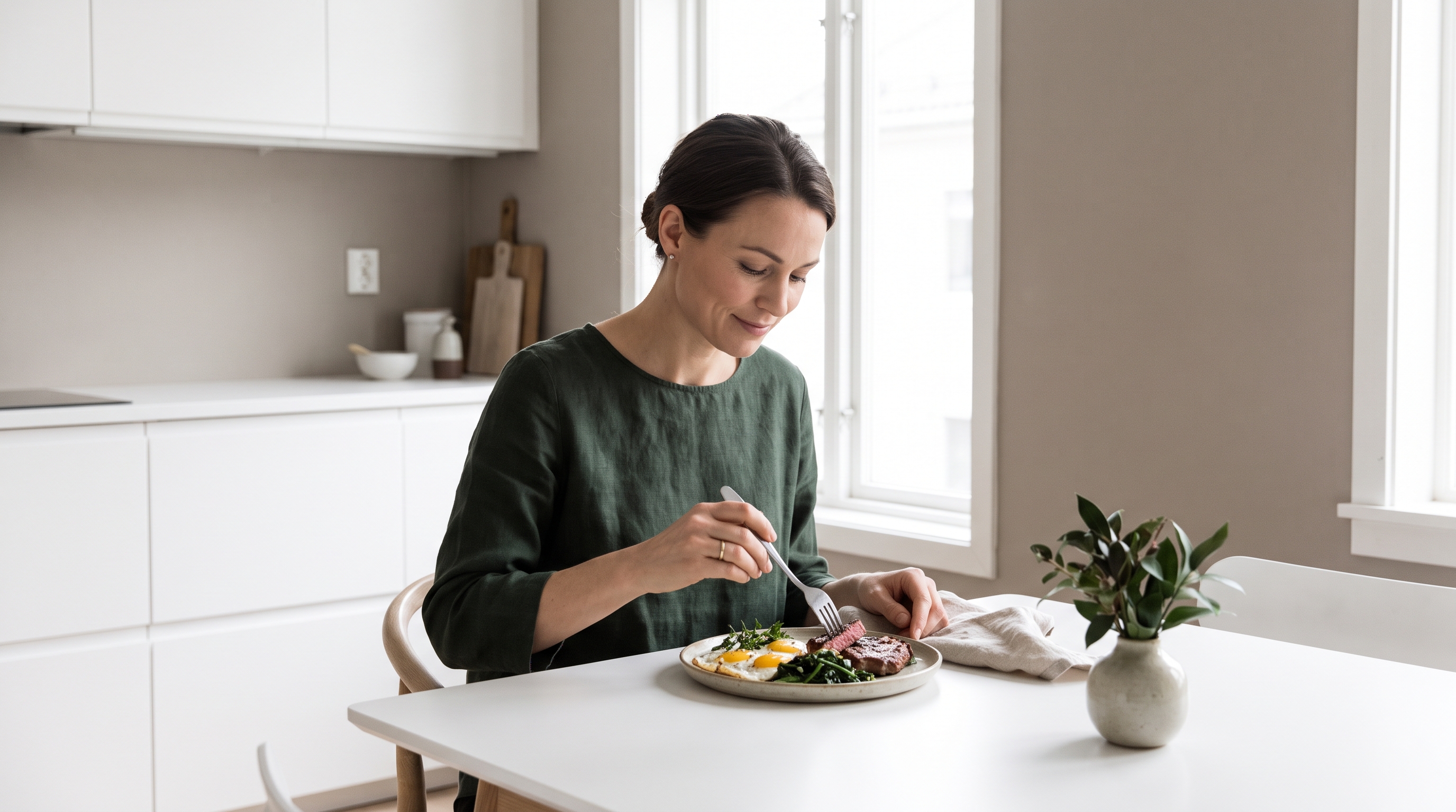A composed woman in her 40s eating a plate of steak, eggs and greens at a calm white dining table