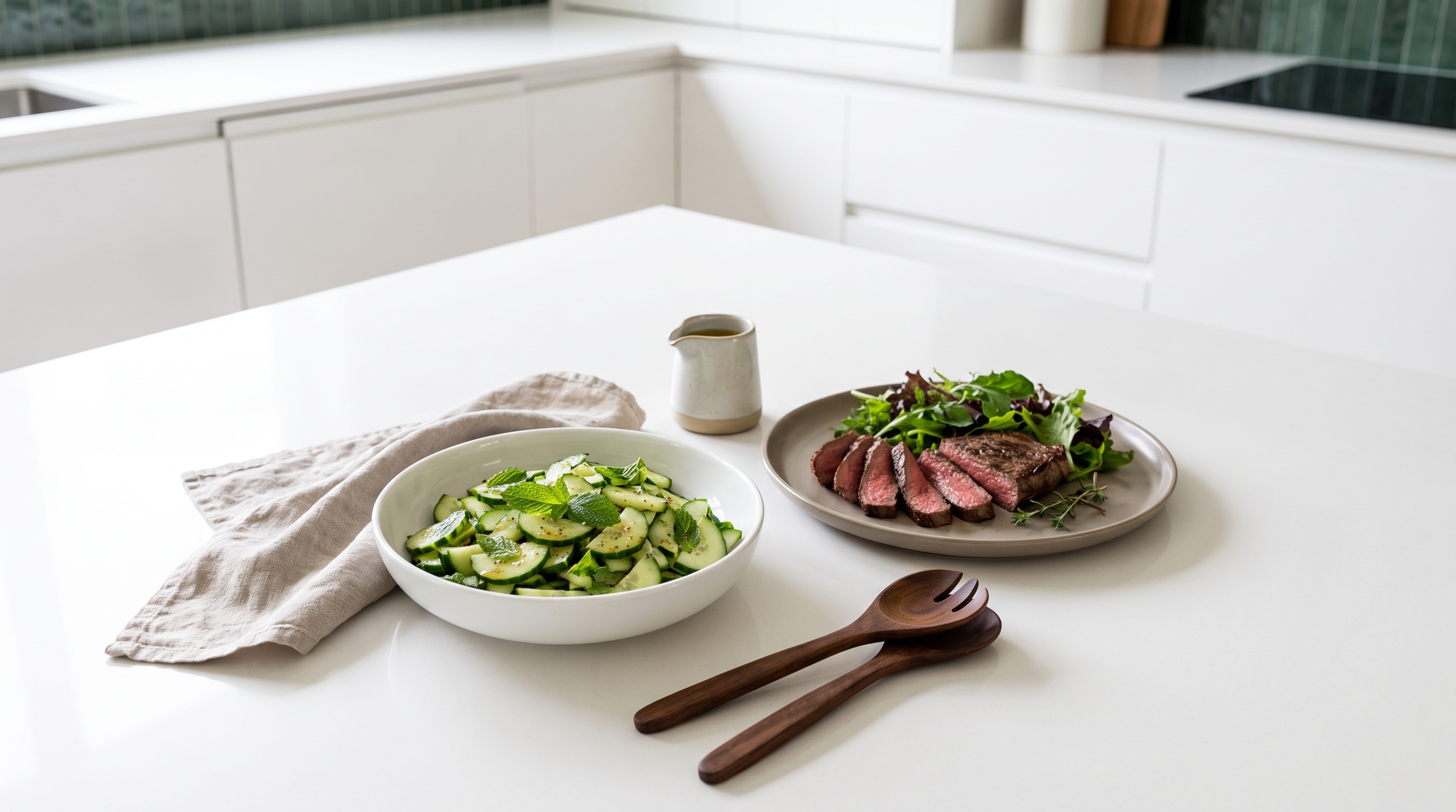 bowl of cucumber mint salad on wooden table