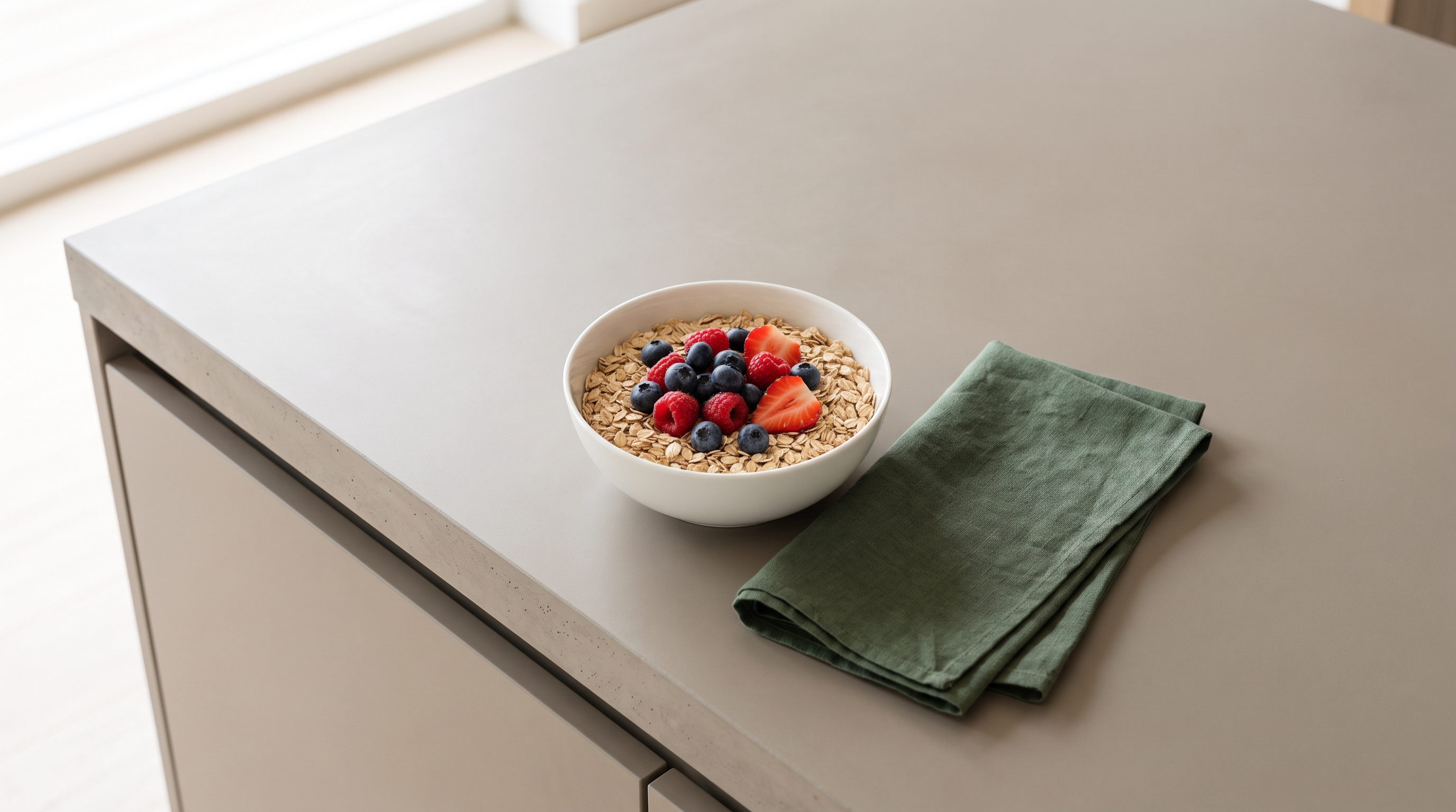 bowl of oats with berries on a kitchen table