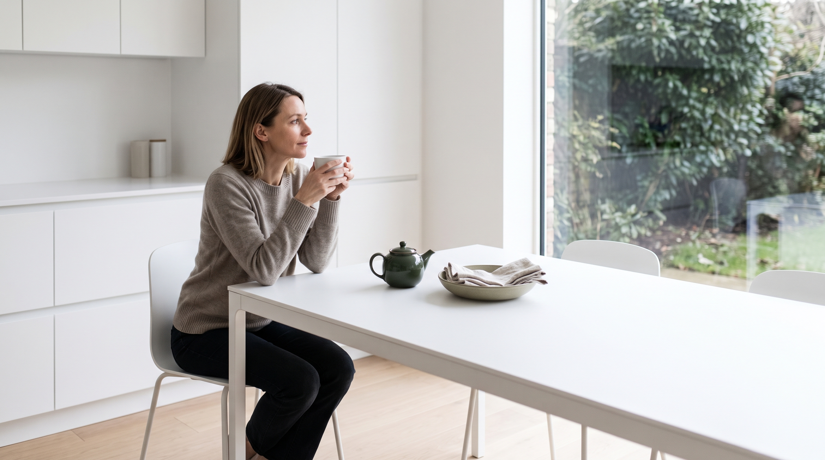 A composed woman in her 40s sitting at a calm white dining table with a cup of tea