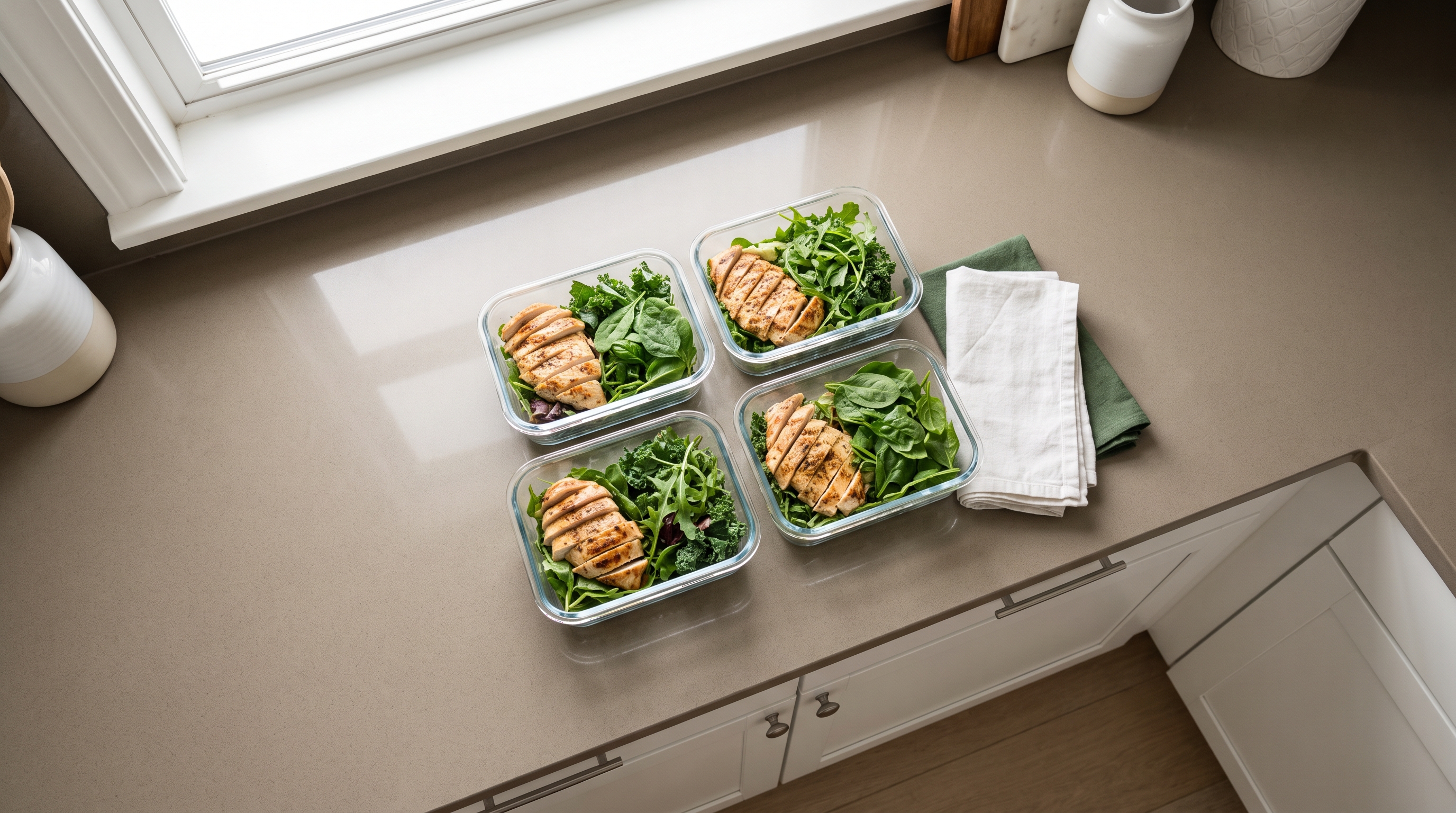 containers of cooked chicken rice and vegetables lined up on a kitchen counter